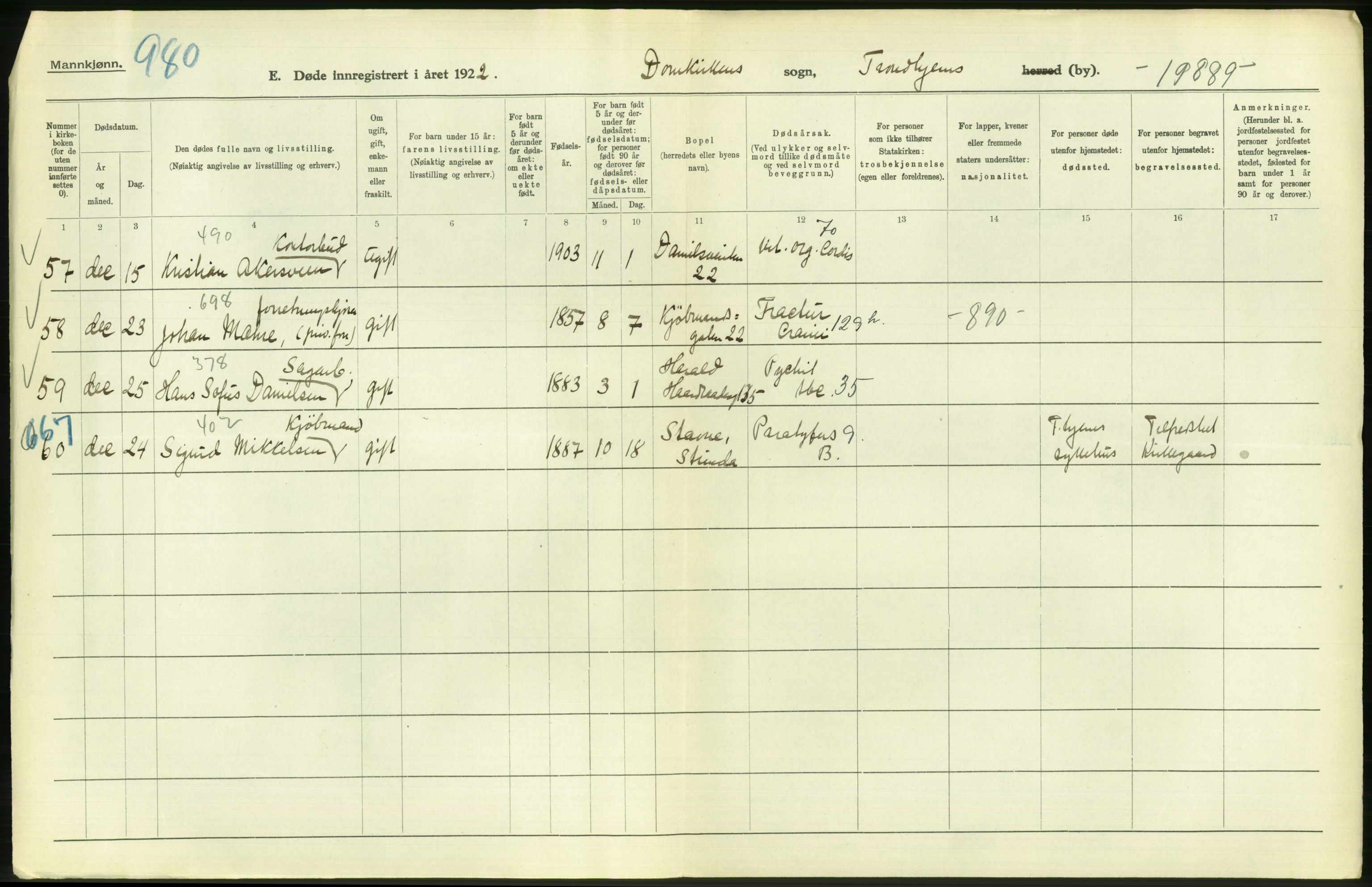 Statistisk sentralbyrå, Sosiodemografiske emner, Befolkning, AV/RA-S-2228/D/Df/Dfc/Dfcb/L0040: Trondheim: Gifte, døde, dødfødte., 1922, p. 368