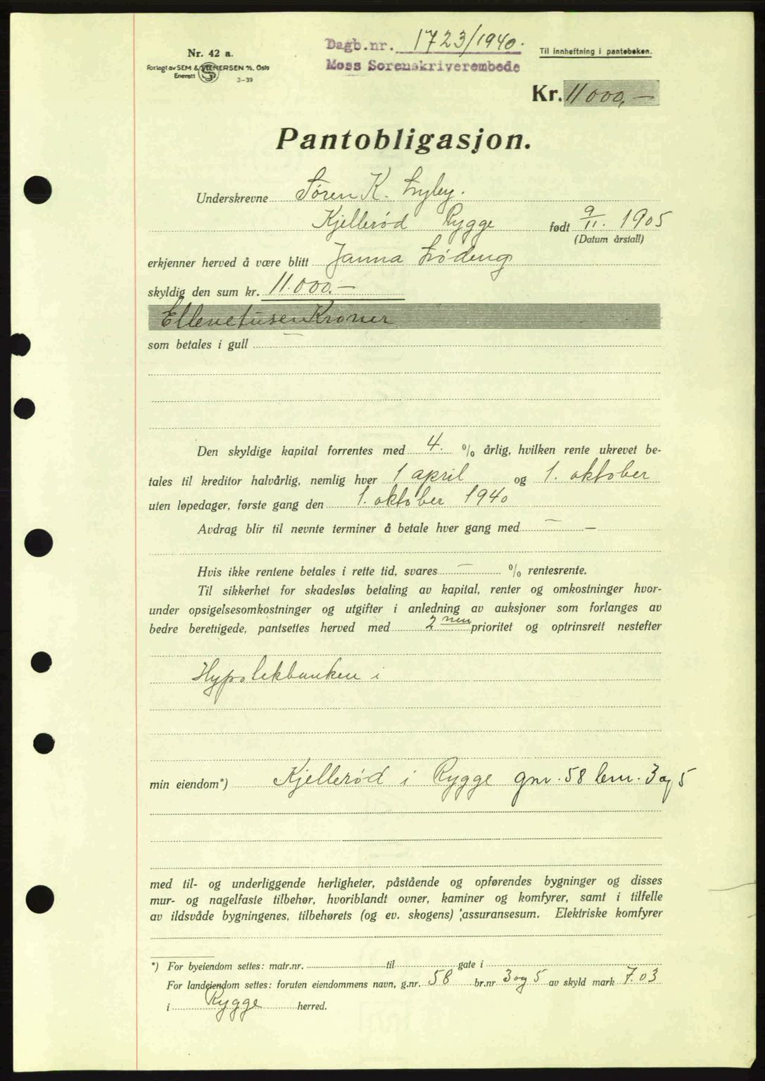 Moss sorenskriveri, SAO/A-10168: Mortgage book no. B10, 1940-1941, Diary no: : 1723/1940