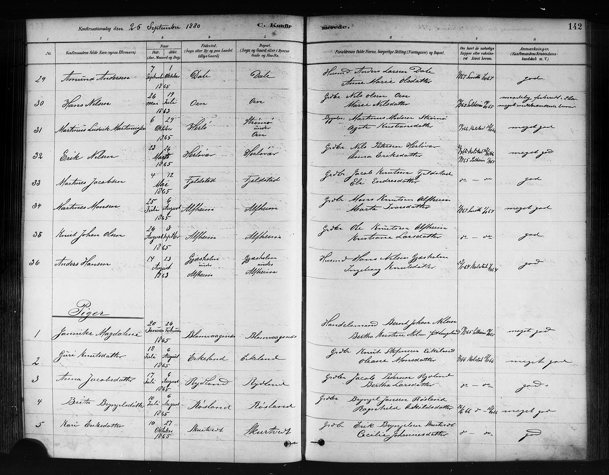 Herdla Sokneprestembete, AV/SAB-A-75701/H/Haa: Parish register (official) no. A 3, 1878-1890, p. 142