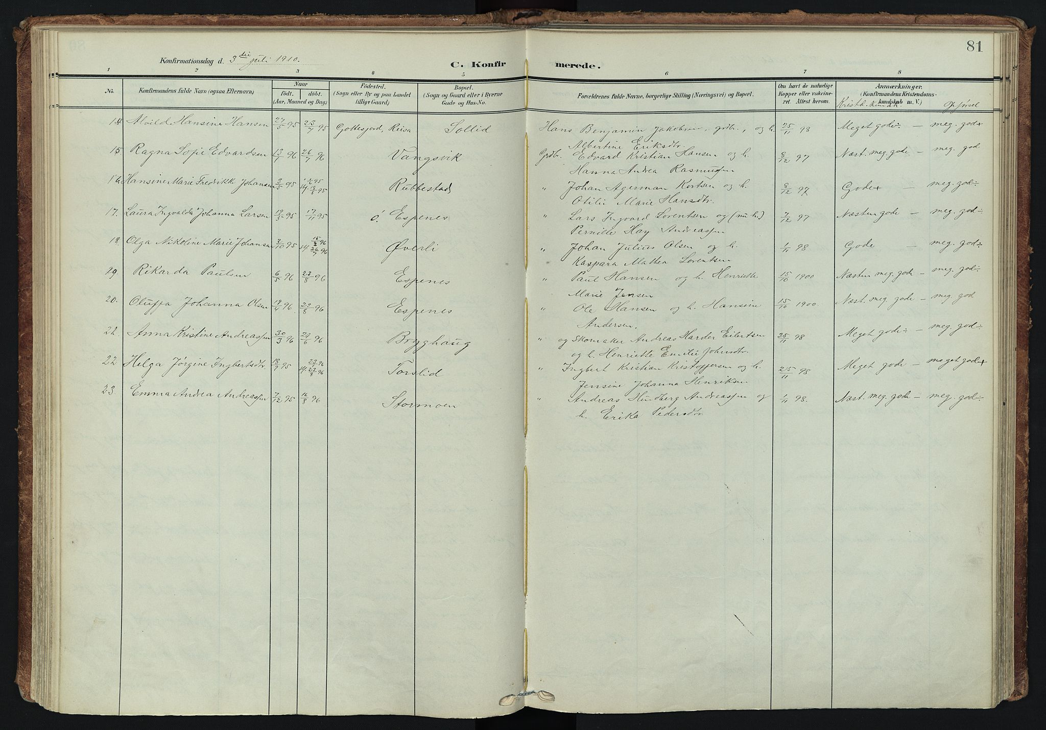 Tranøy sokneprestkontor, SATØ/S-1313/I/Ia/Iaa/L0014kirke: Parish register (official) no. 14, 1905-1919, p. 81