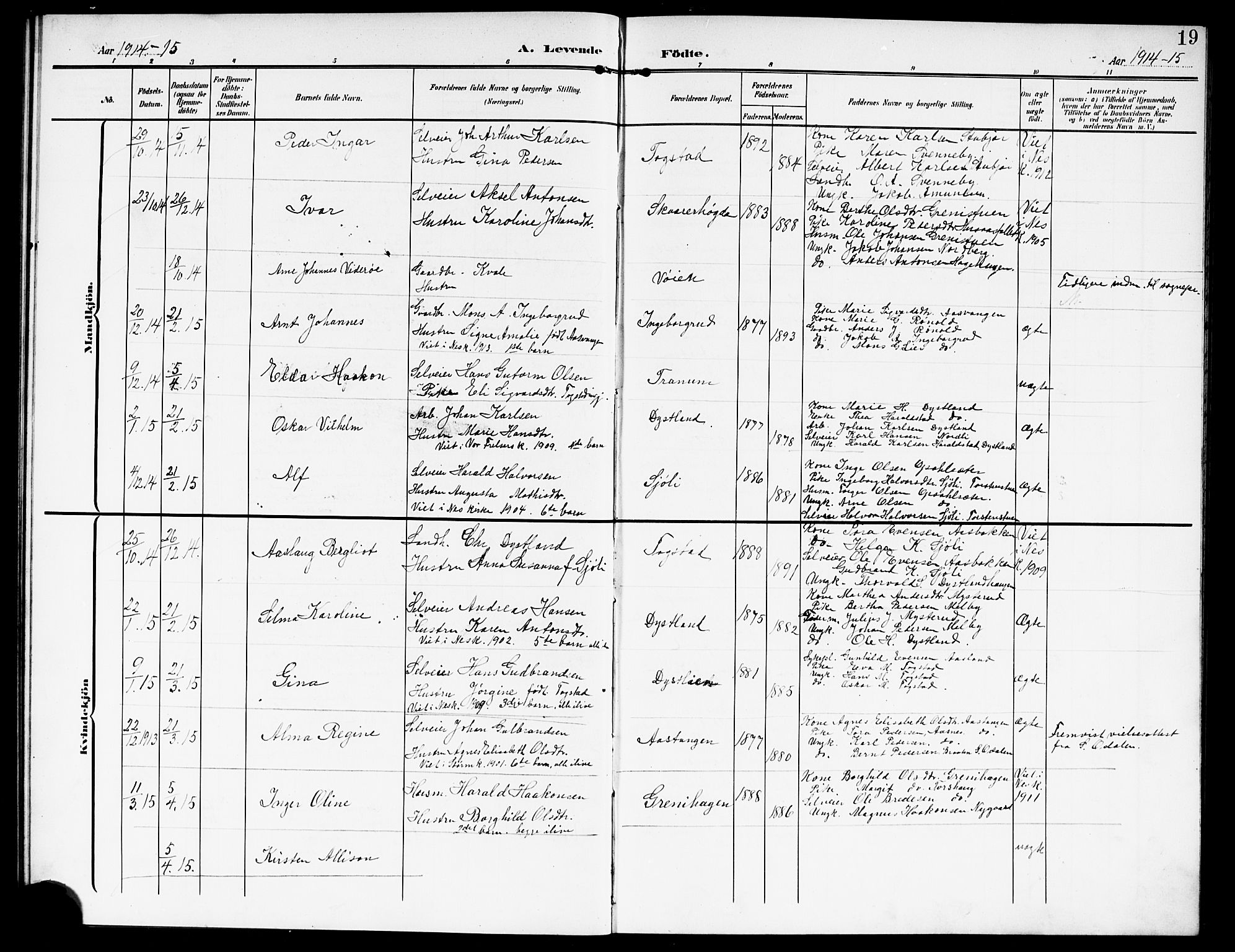 Nes prestekontor Kirkebøker, SAO/A-10410/G/Gd/L0001: Parish register (copy) no. IV 1, 1907-1922, p. 19