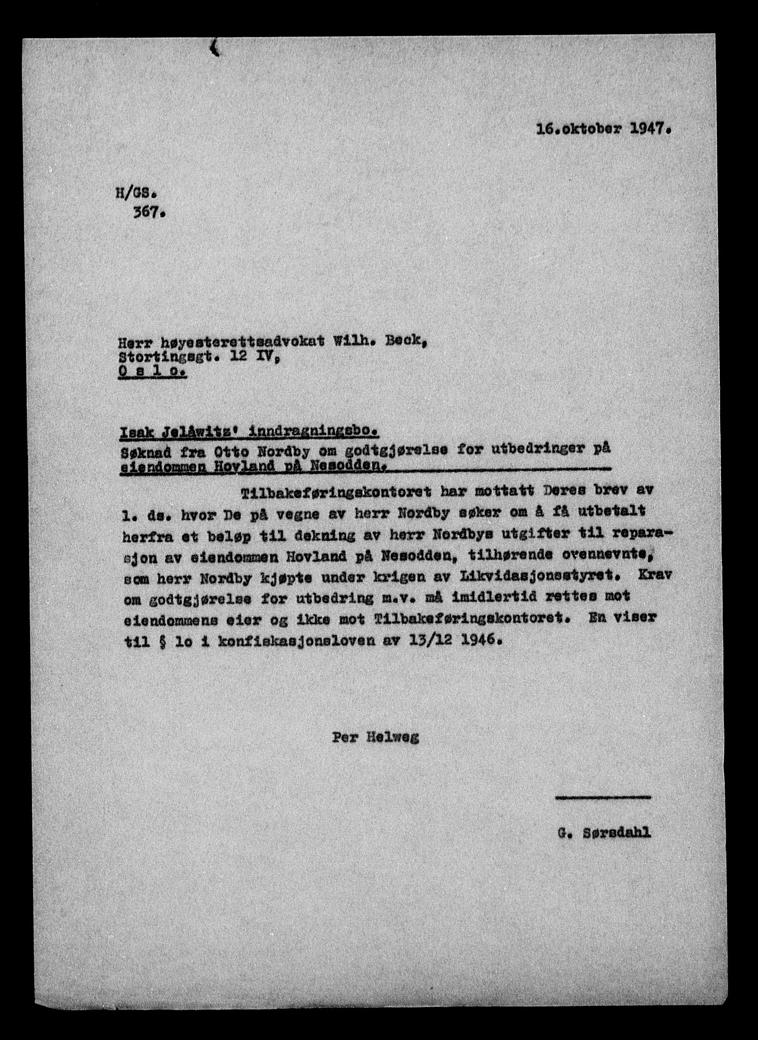 Justisdepartementet, Tilbakeføringskontoret for inndratte formuer, AV/RA-S-1564/H/Hc/Hcc/L0948: --, 1945-1947, p. 30
