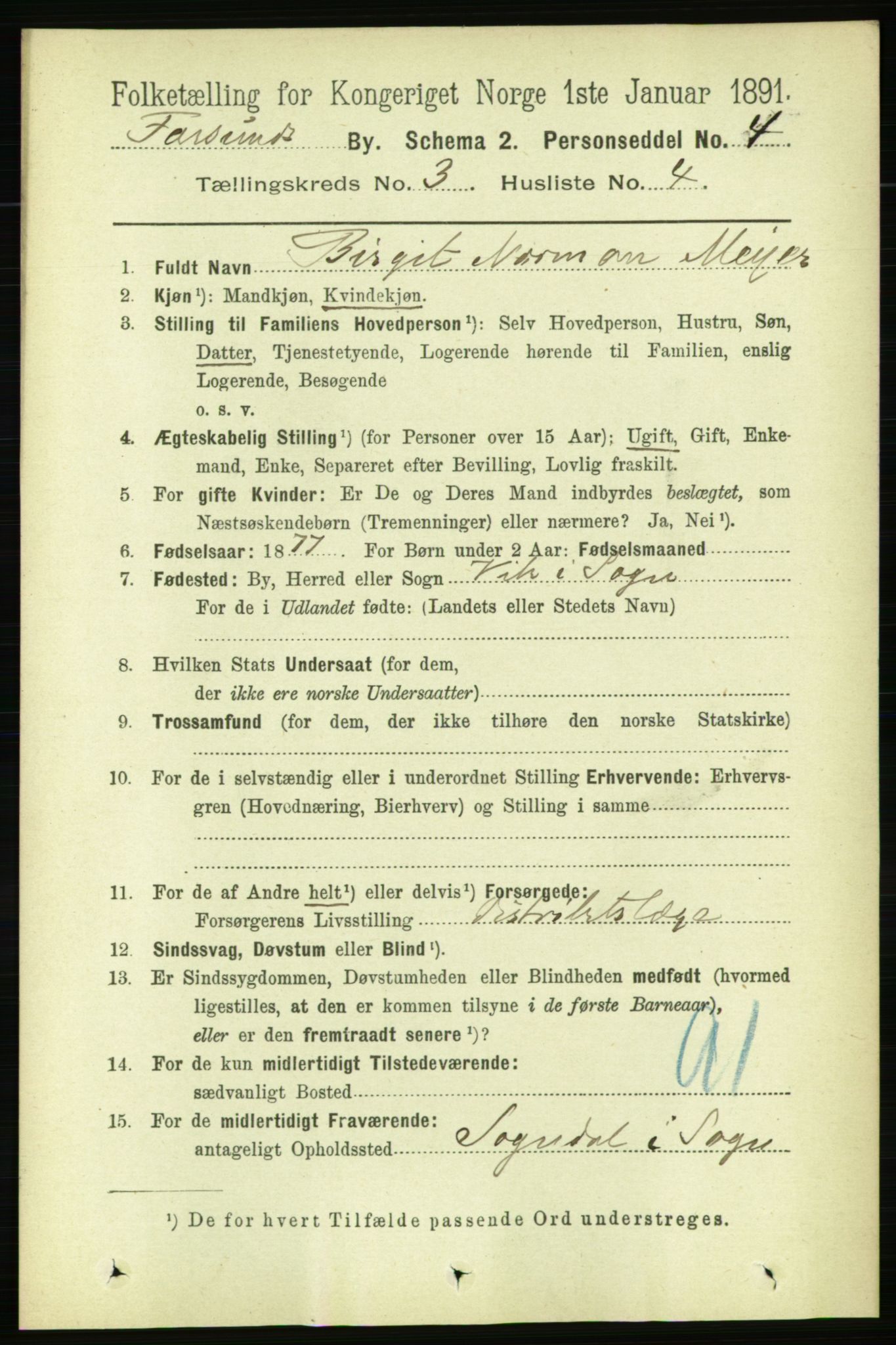 RA, 1891 census for 1003 Farsund, 1891, p. 1331