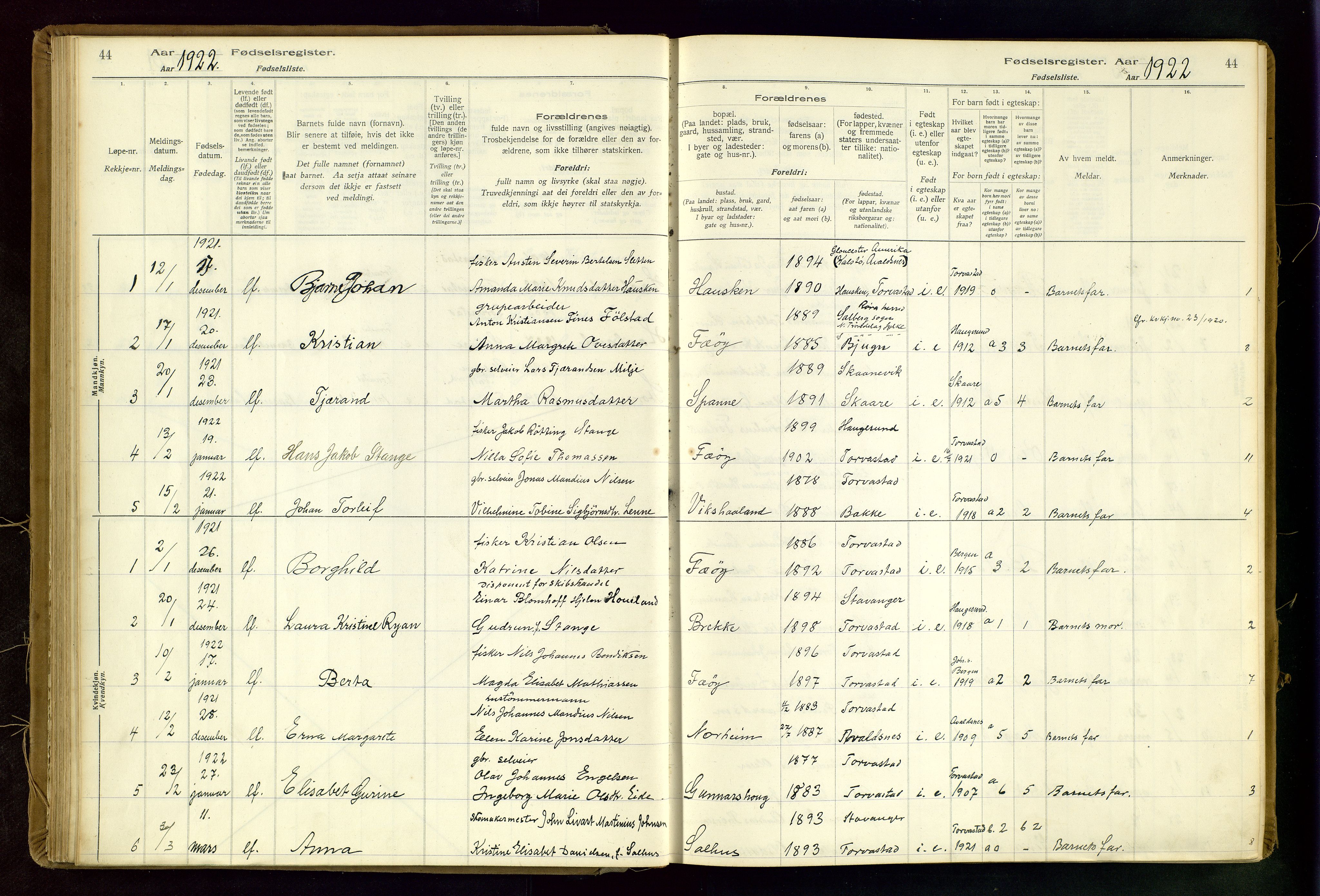 Torvastad sokneprestkontor, AV/SAST-A -101857/I/Id/L0002: Birth register no. 2, 1916-1950, p. 44