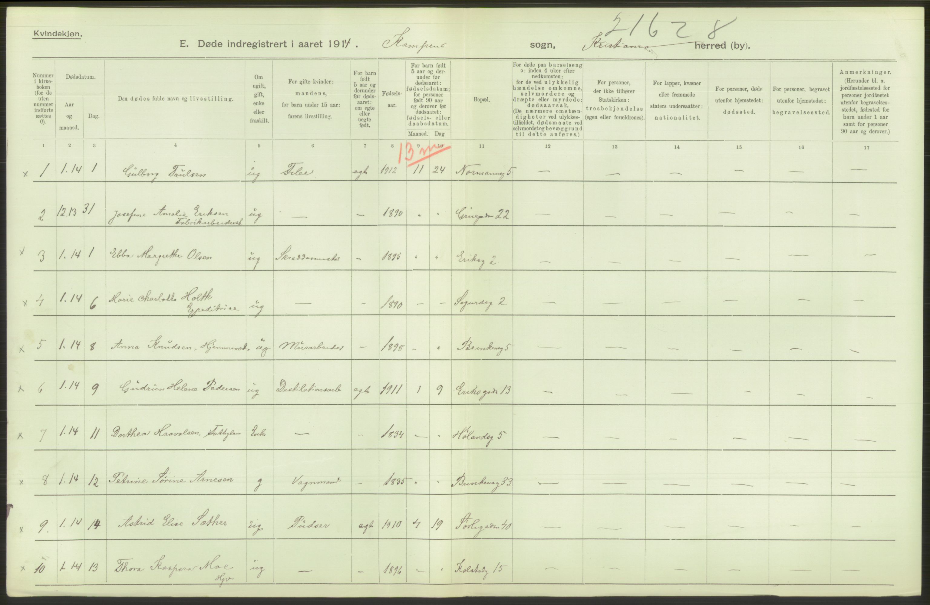 Statistisk sentralbyrå, Sosiodemografiske emner, Befolkning, RA/S-2228/D/Df/Dfb/Dfbd/L0008: Kristiania: Døde, 1914, p. 478