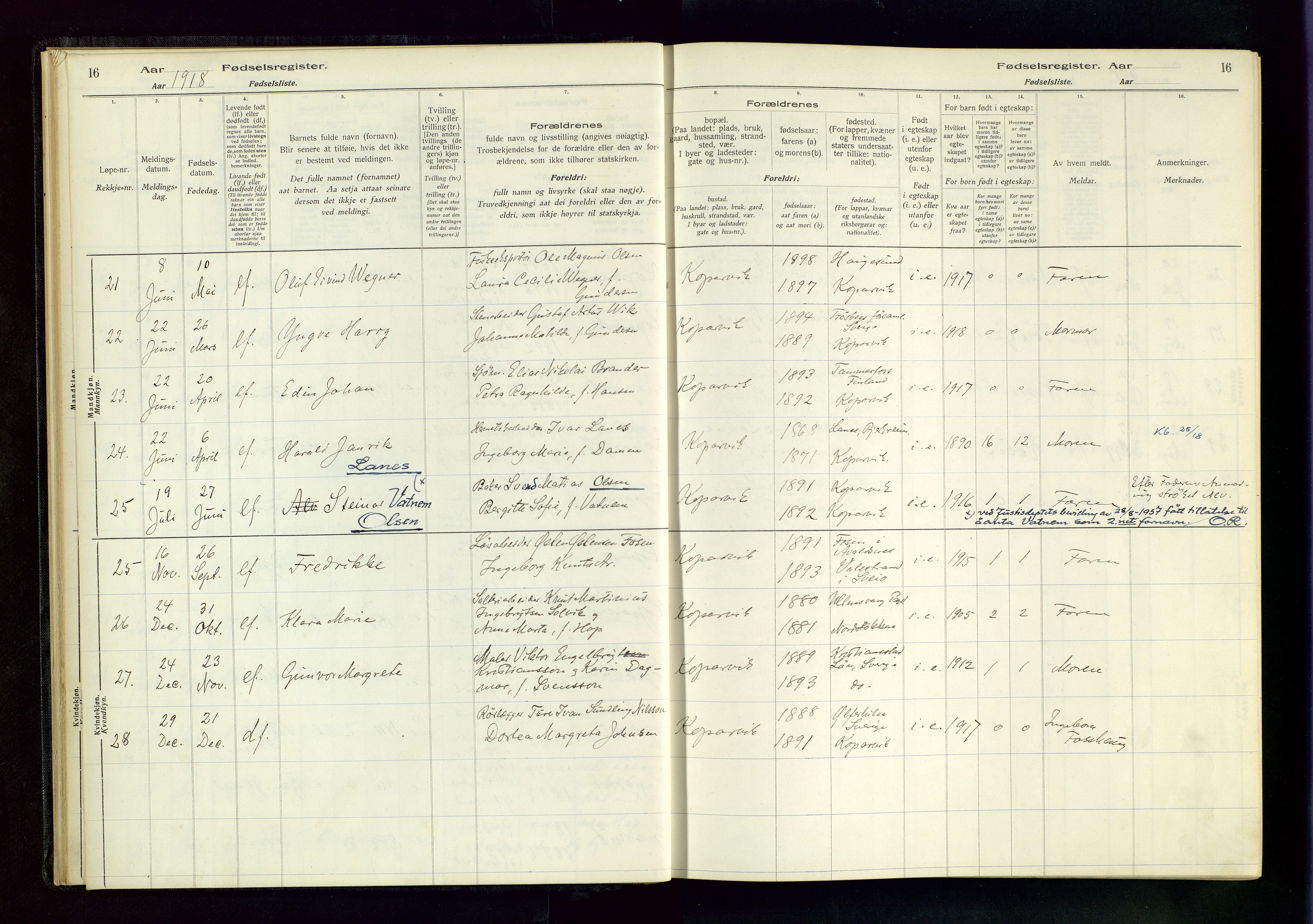 Kopervik sokneprestkontor, AV/SAST-A-101850/I/Id/L0001: Birth register no. 1, 1916-1952, p. 16