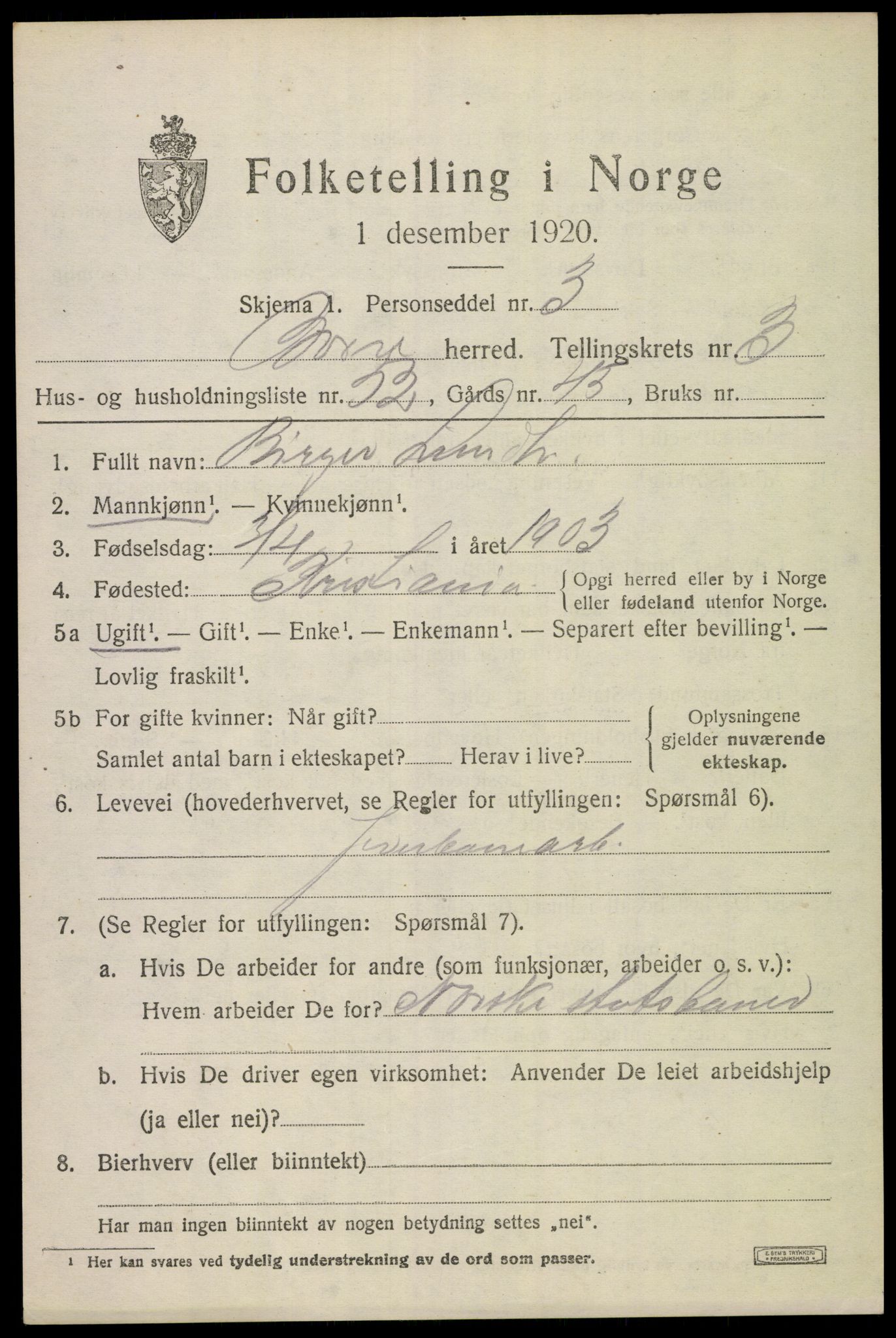 SAKO, 1920 census for Borre, 1920, p. 6726
