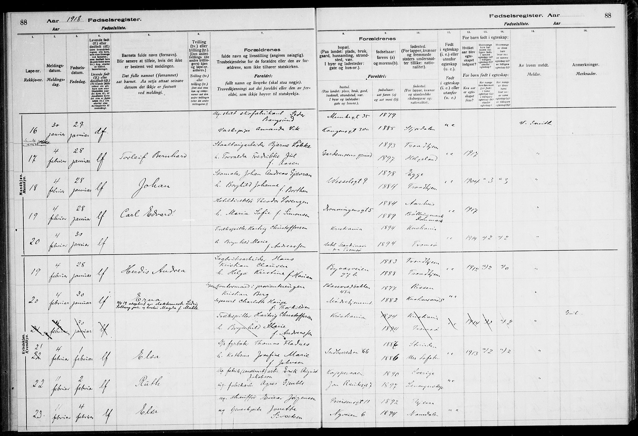 Ministerialprotokoller, klokkerbøker og fødselsregistre - Sør-Trøndelag, AV/SAT-A-1456/600/L0002: Birth register no. 600.II.4.1, 1916-1920, p. 88