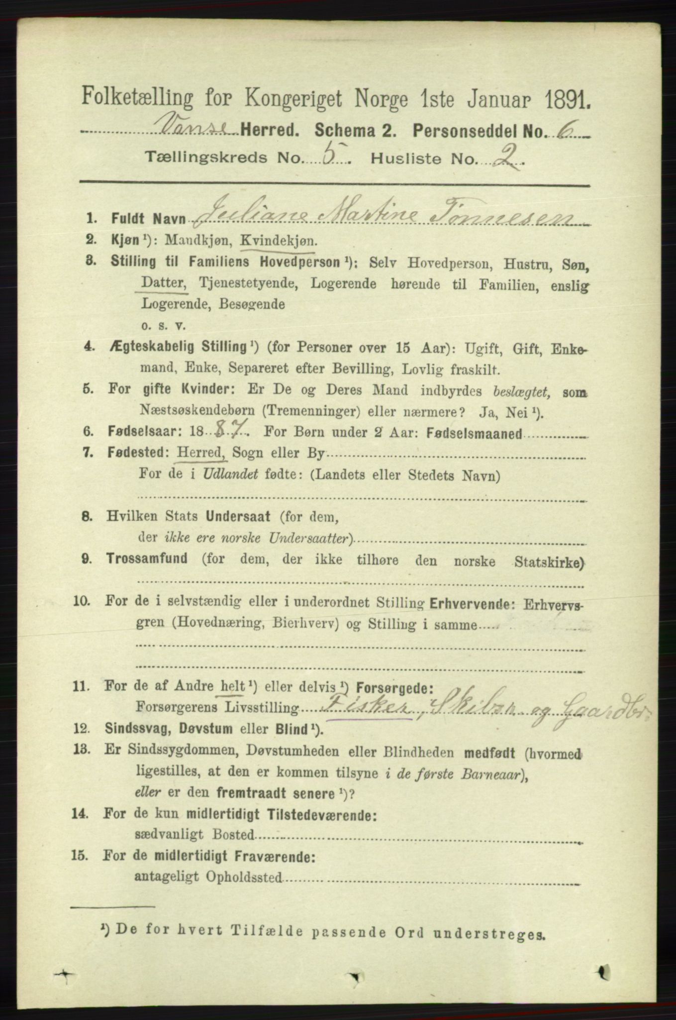 RA, 1891 census for 1041 Vanse, 1891, p. 2806