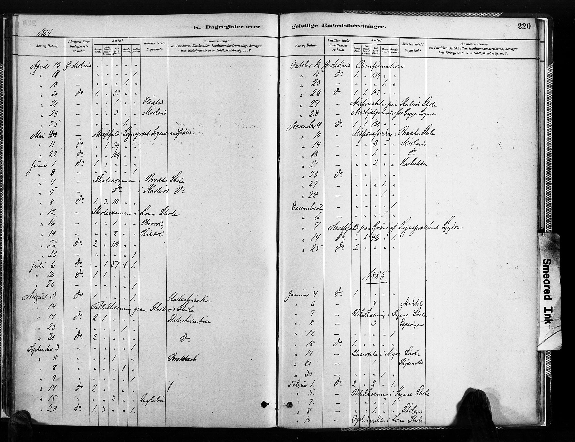 Austre Moland sokneprestkontor, SAK/1111-0001/F/Fa/Faa/L0010: Parish register (official) no. A 10, 1880-1904, p. 220