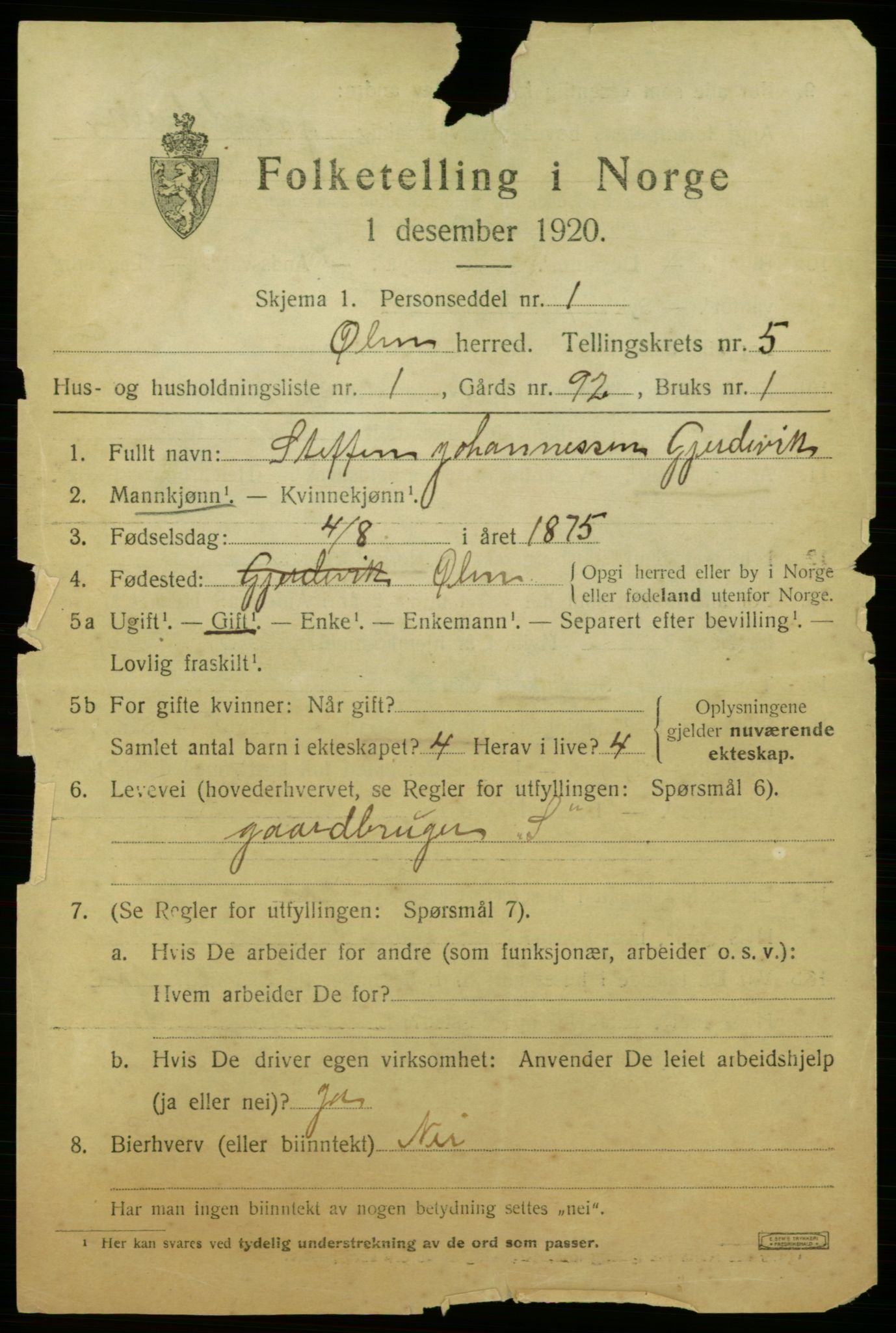 SAB, 1920 census for Ølen, 1920, p. 2319