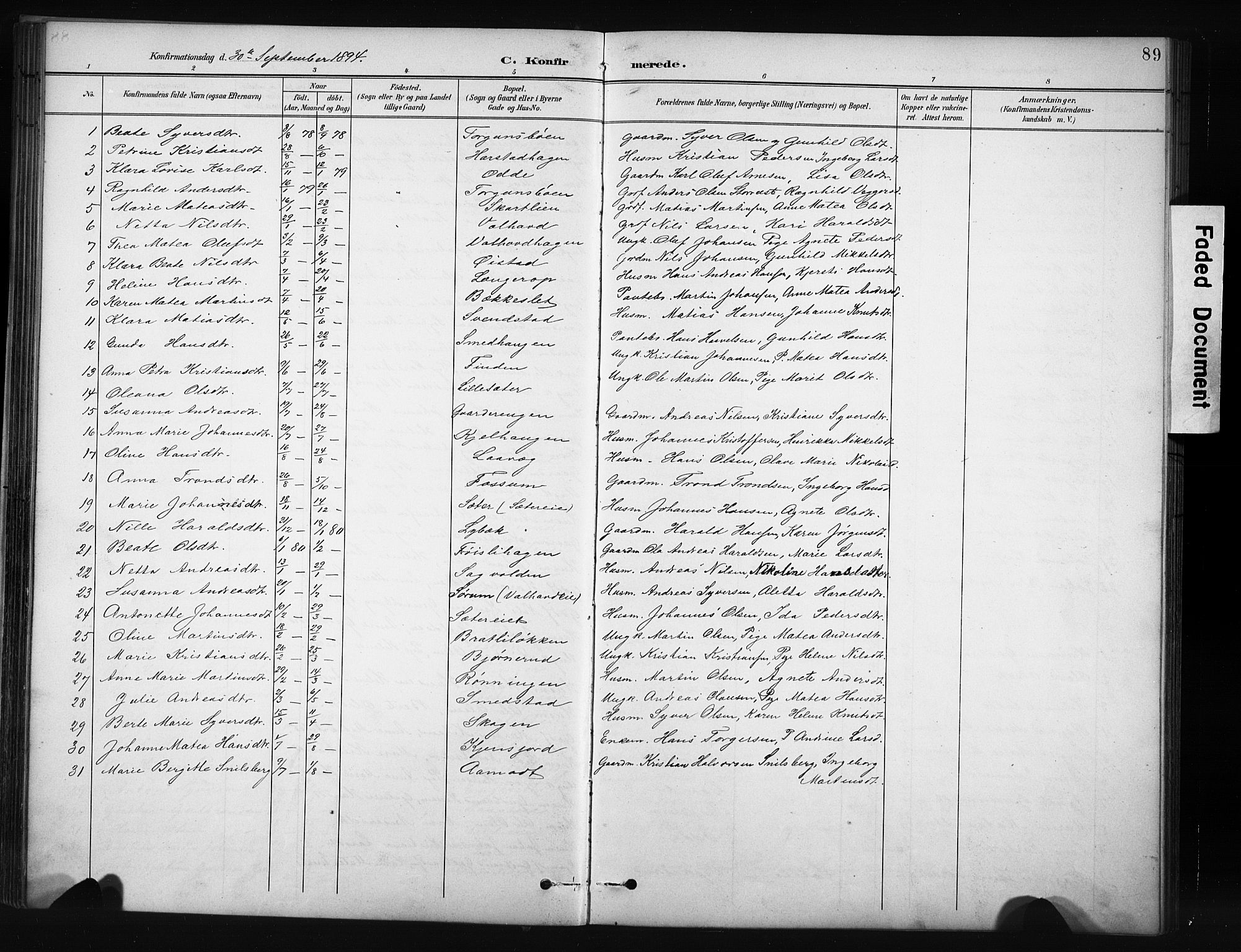 Nordre Land prestekontor, SAH/PREST-124/H/Ha/Hab/L0012: Parish register (copy) no. 12, 1891-1909, p. 89