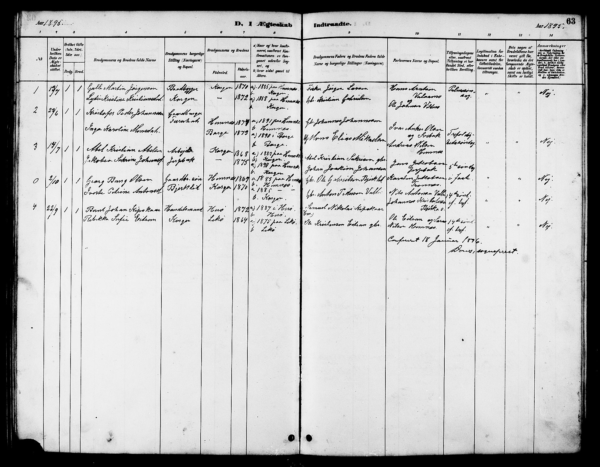 Ministerialprotokoller, klokkerbøker og fødselsregistre - Nordland, AV/SAT-A-1459/826/L0383: Parish register (copy) no. 826C03, 1887-1896, p. 63