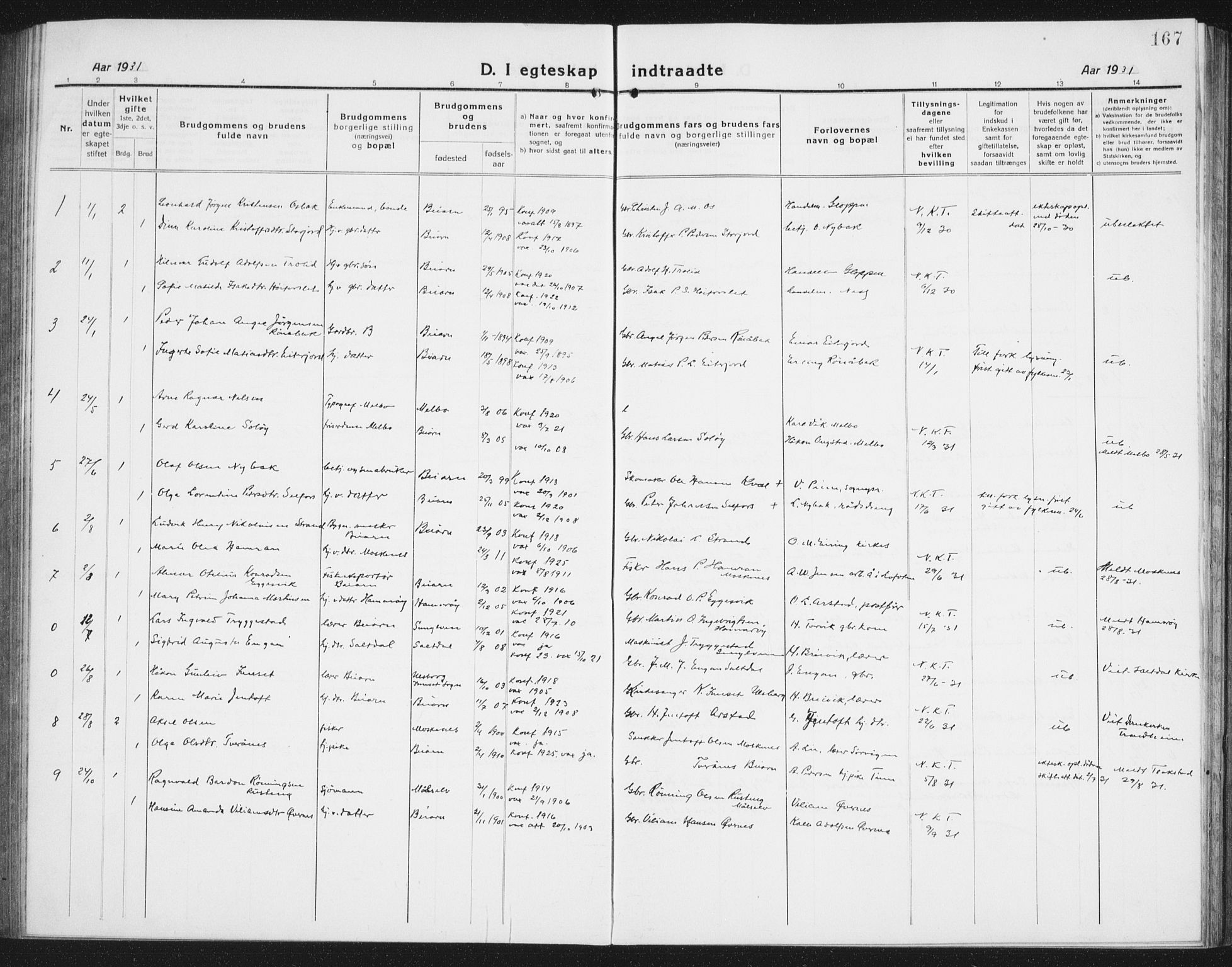 Ministerialprotokoller, klokkerbøker og fødselsregistre - Nordland, AV/SAT-A-1459/846/L0656: Parish register (copy) no. 846C06, 1917-1936, p. 167