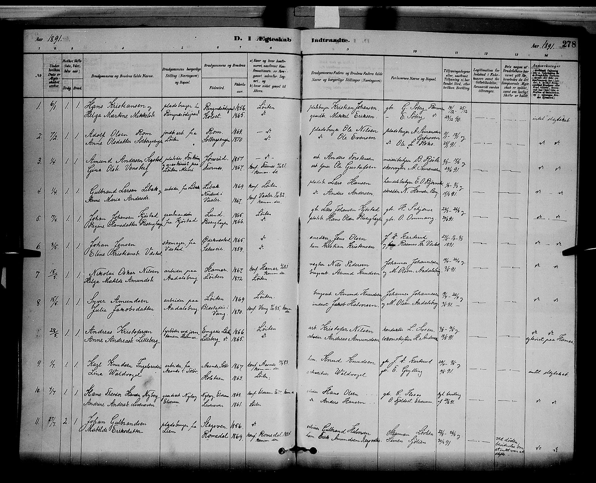 Løten prestekontor, SAH/PREST-022/L/La/L0005: Parish register (copy) no. 5, 1878-1891, p. 278