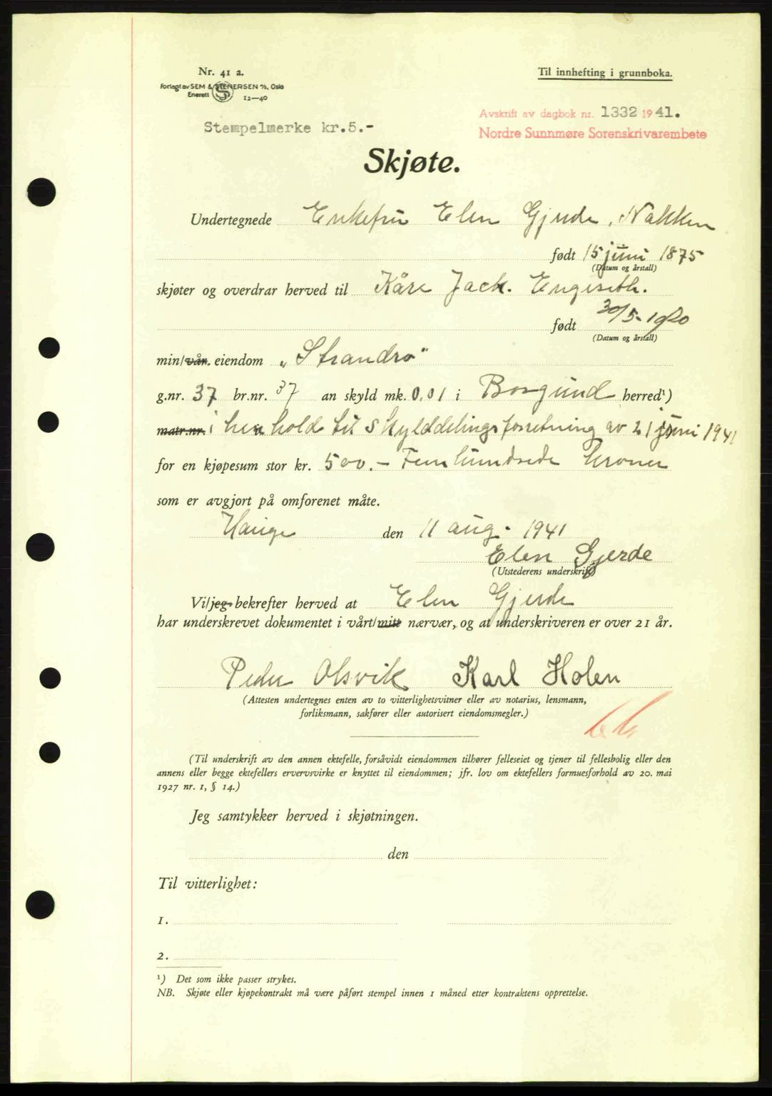 Nordre Sunnmøre sorenskriveri, AV/SAT-A-0006/1/2/2C/2Ca: Mortgage book no. A11, 1941-1941, Diary no: : 1332/1941