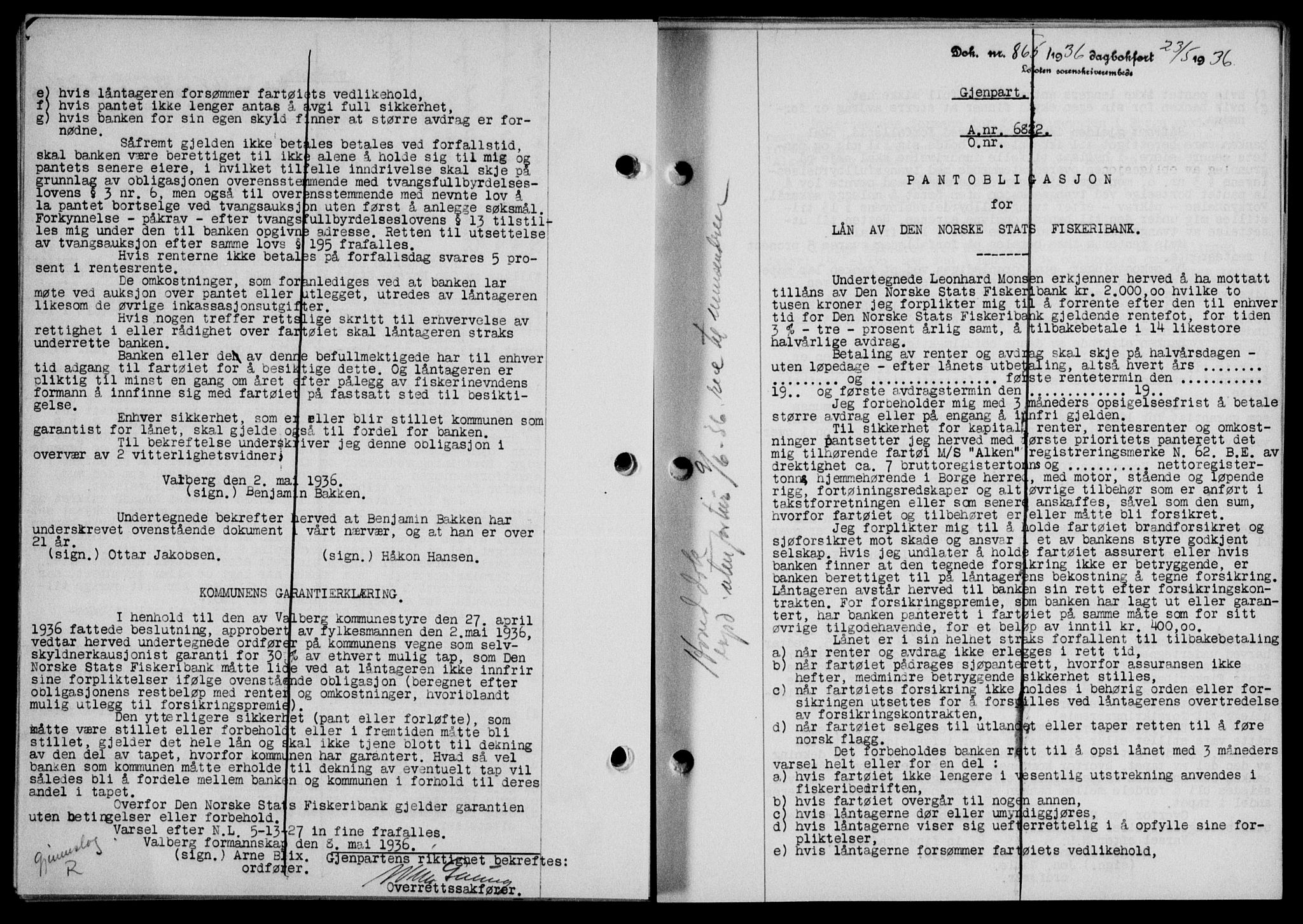 Lofoten sorenskriveri, SAT/A-0017/1/2/2C/L0033b: Mortgage book no. 33b, 1936-1936, Diary no: : 865/1936