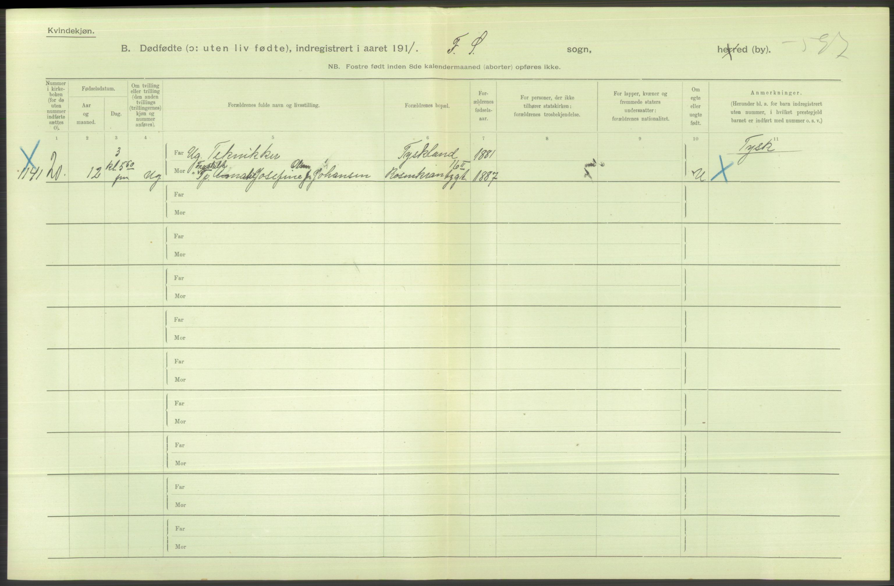 Statistisk sentralbyrå, Sosiodemografiske emner, Befolkning, RA/S-2228/D/Df/Dfb/Dfba/L0010: Kristiania: Døde kvinner samt dødfødte., 1911, p. 160