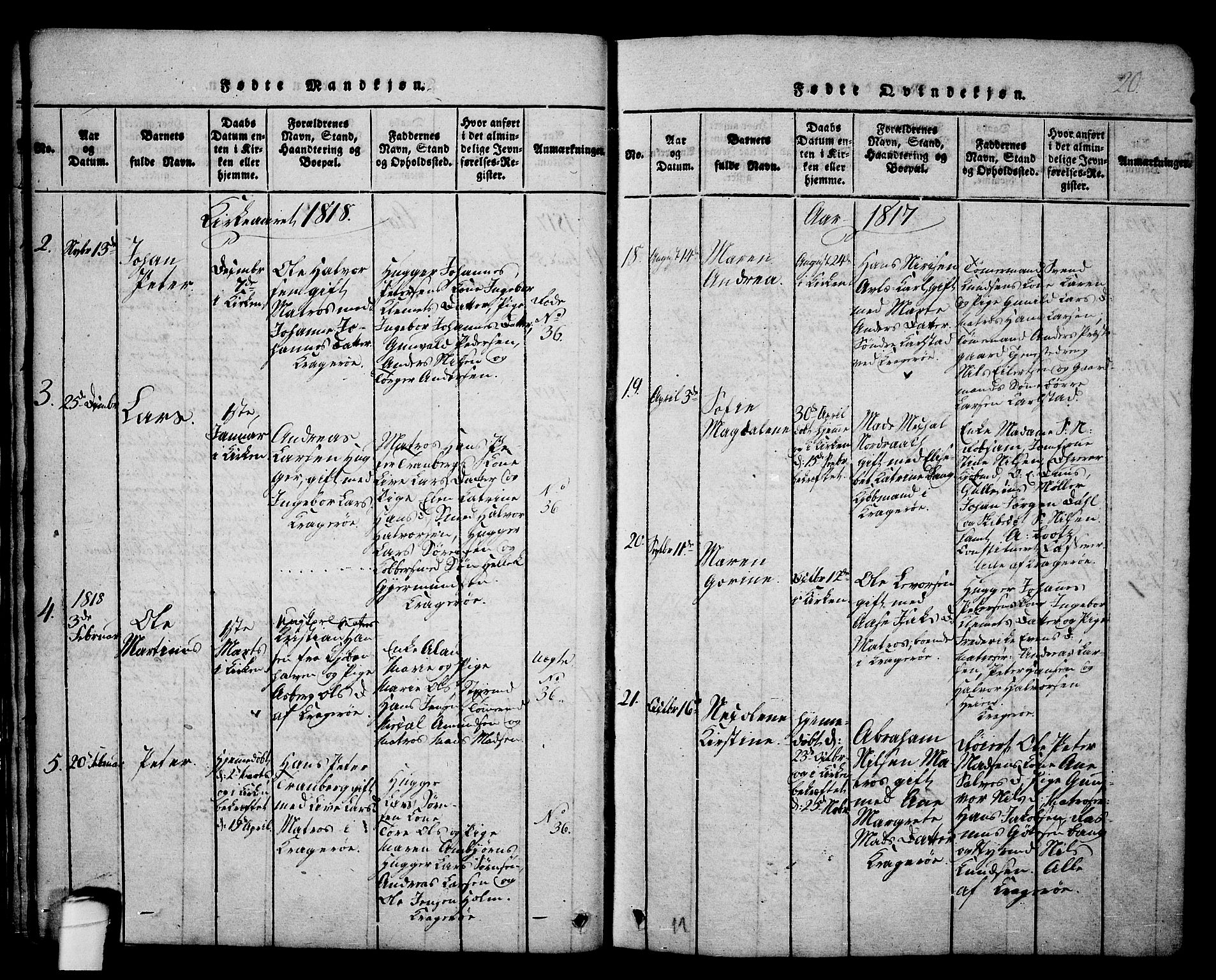 Kragerø kirkebøker, AV/SAKO-A-278/G/Ga/L0002: Parish register (copy) no. 2, 1814-1831, p. 20