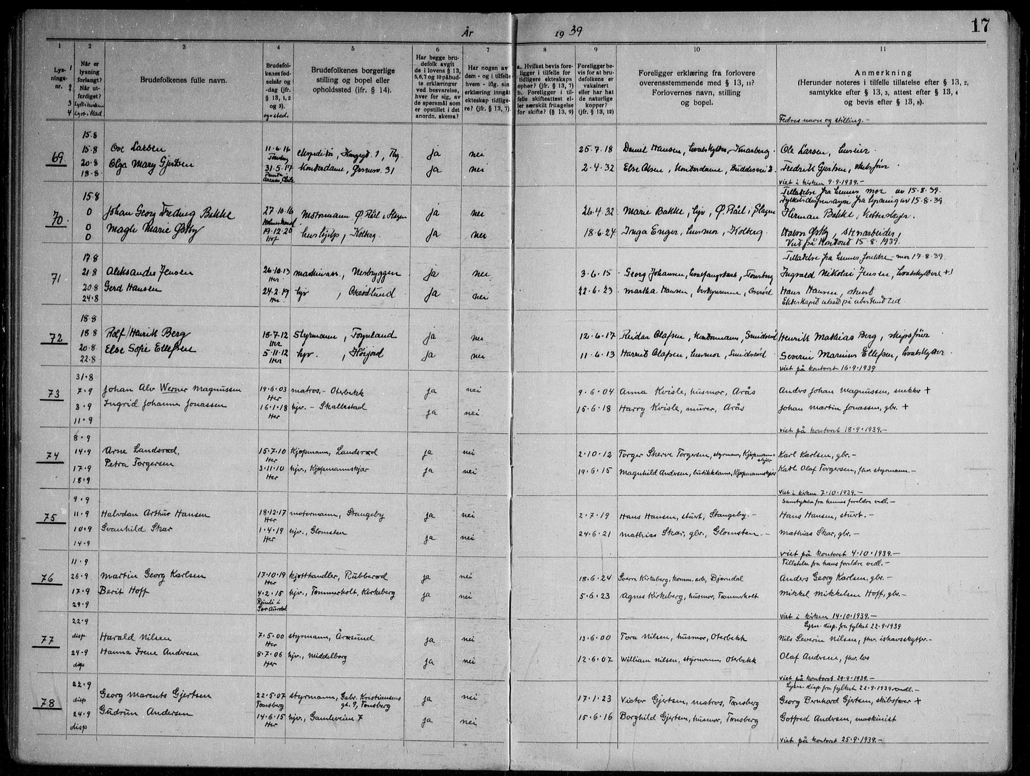 Nøtterøy kirkebøker, AV/SAKO-A-354/H/Ha/L0002: Banns register no. 2, 1937-1952, p. 17