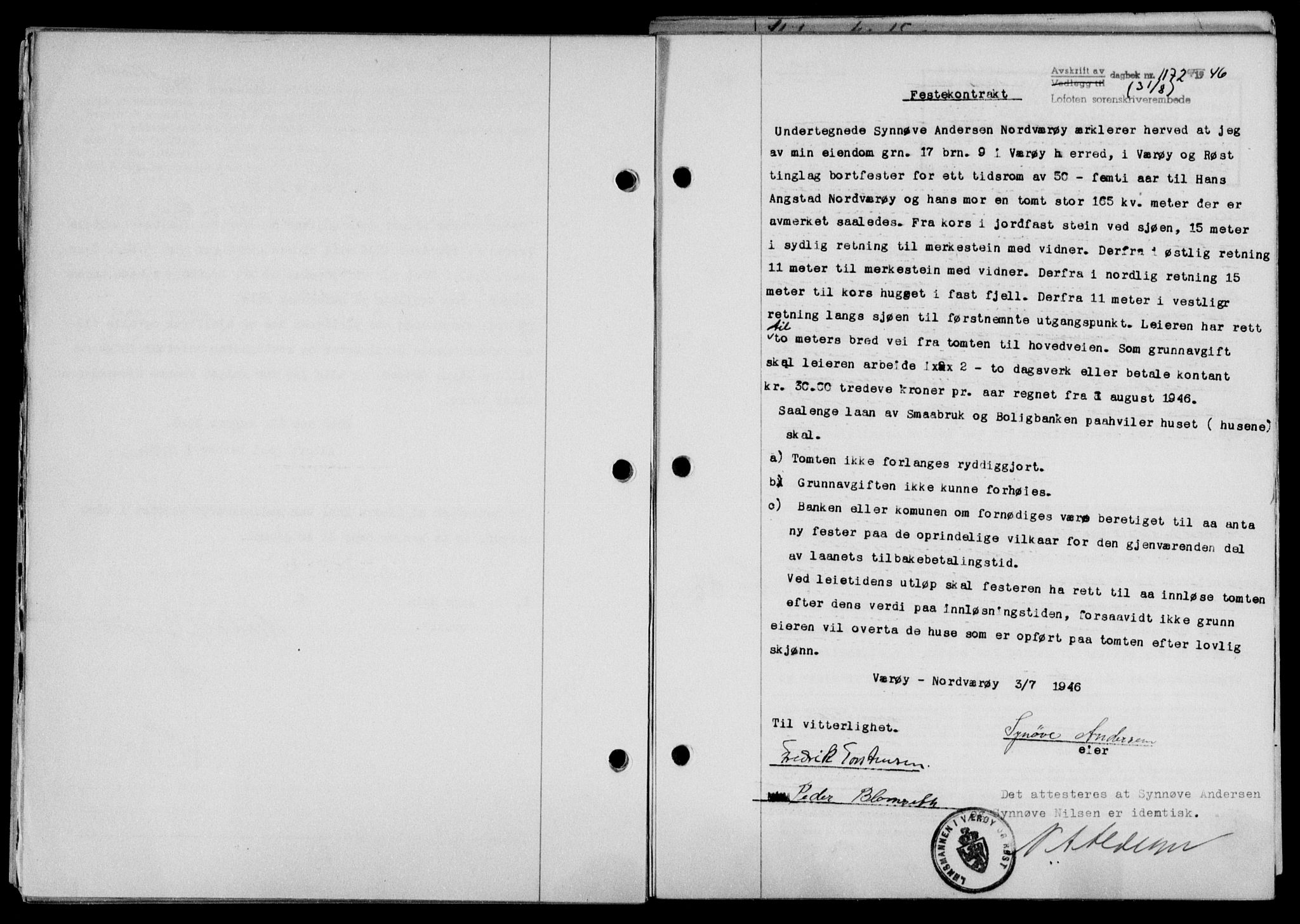 Lofoten sorenskriveri, SAT/A-0017/1/2/2C/L0014a: Mortgage book no. 14a, 1946-1946, Diary no: : 1172/1946