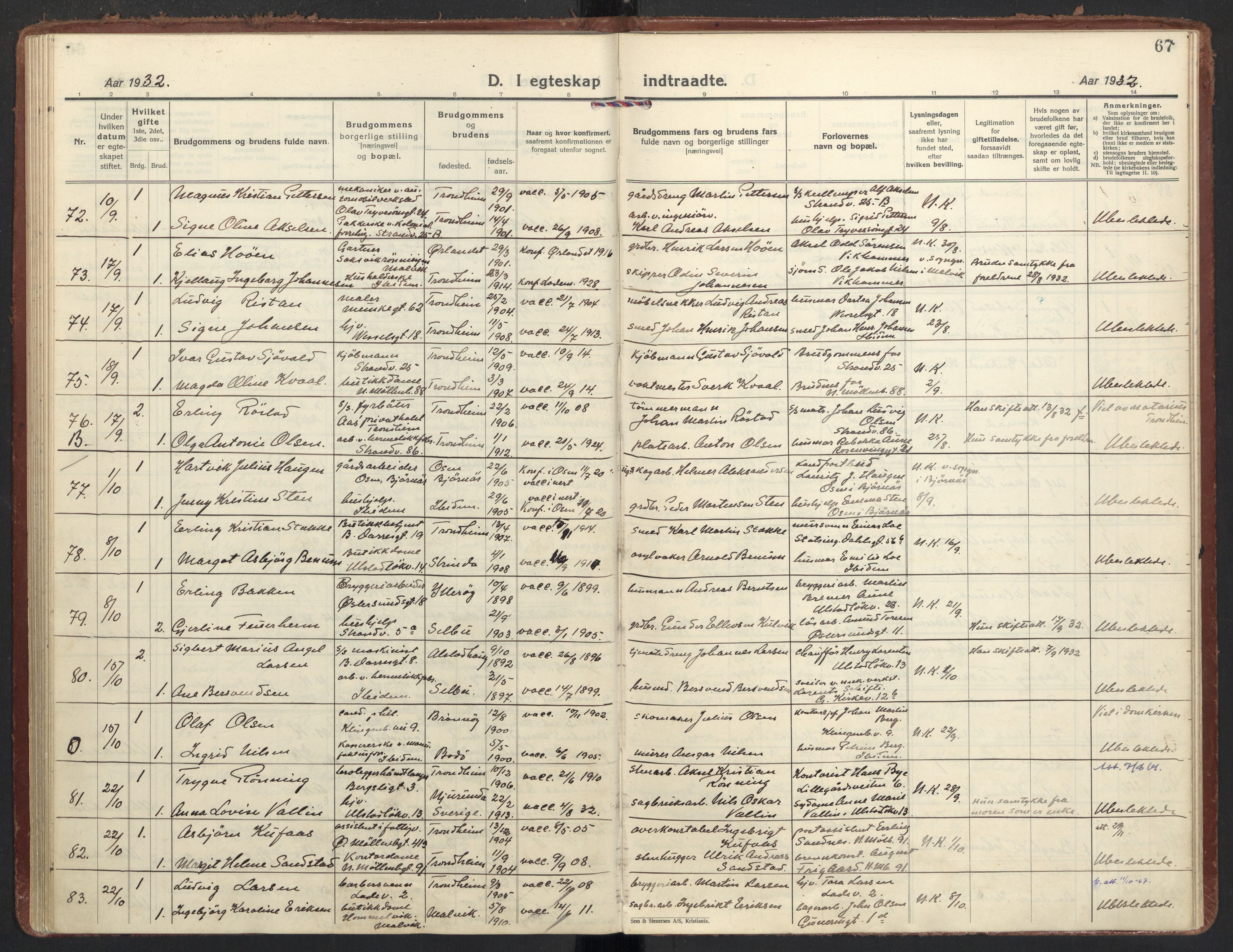 Ministerialprotokoller, klokkerbøker og fødselsregistre - Sør-Trøndelag, SAT/A-1456/605/L0249: Parish register (official) no. 605A11, 1925-1936, p. 67