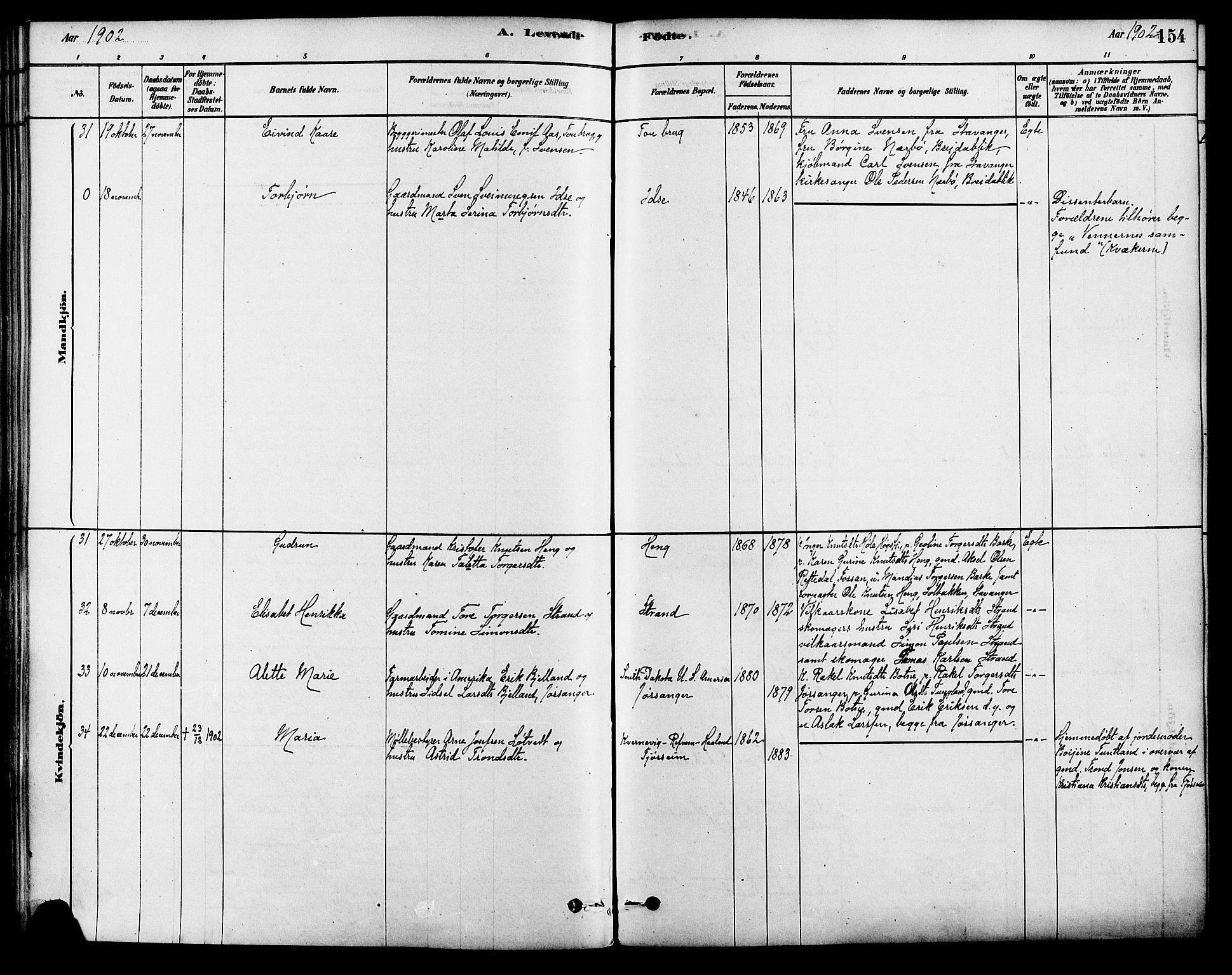 Strand sokneprestkontor, SAST/A-101828/H/Ha/Haa/L0009: Parish register (official) no. A 9, 1877-1908, p. 154