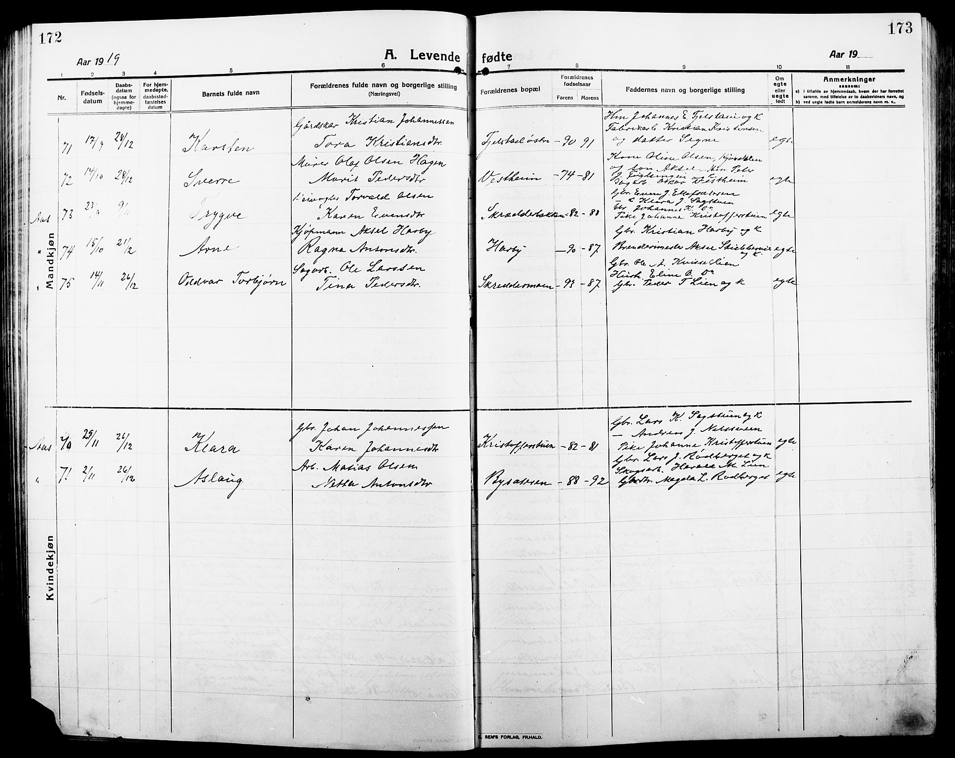 Ringsaker prestekontor, SAH/PREST-014/L/La/L0018: Parish register (copy) no. 18, 1913-1922, p. 172-173