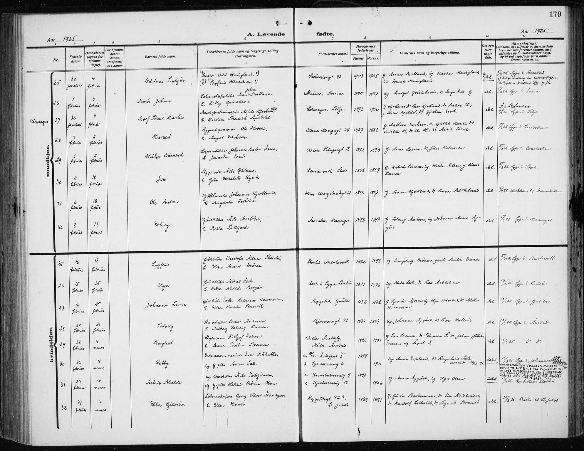 Fødselsstiftelsens sokneprestembete*, SAB/-: Parish register (official) no. A 5, 1918-1926, p. 179