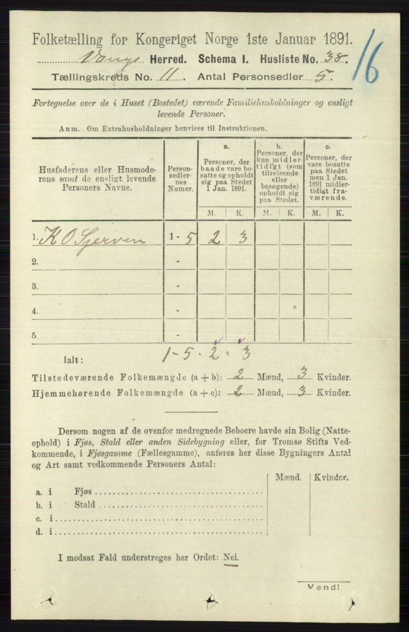 RA, 1891 census for 0545 Vang, 1891, p. 2392