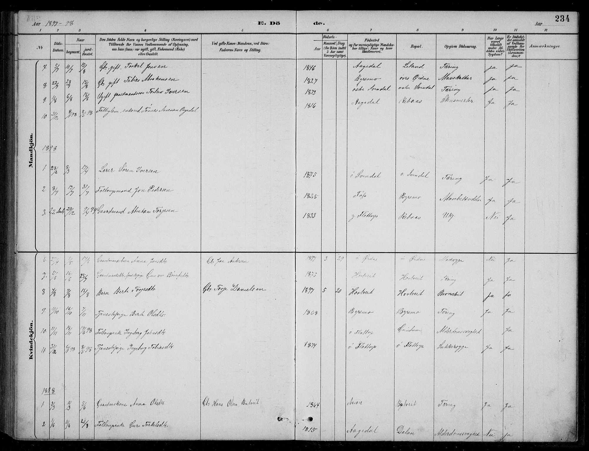 Bjelland sokneprestkontor, SAK/1111-0005/F/Fb/Fbc/L0003: Parish register (copy) no. B 3, 1887-1924, p. 234