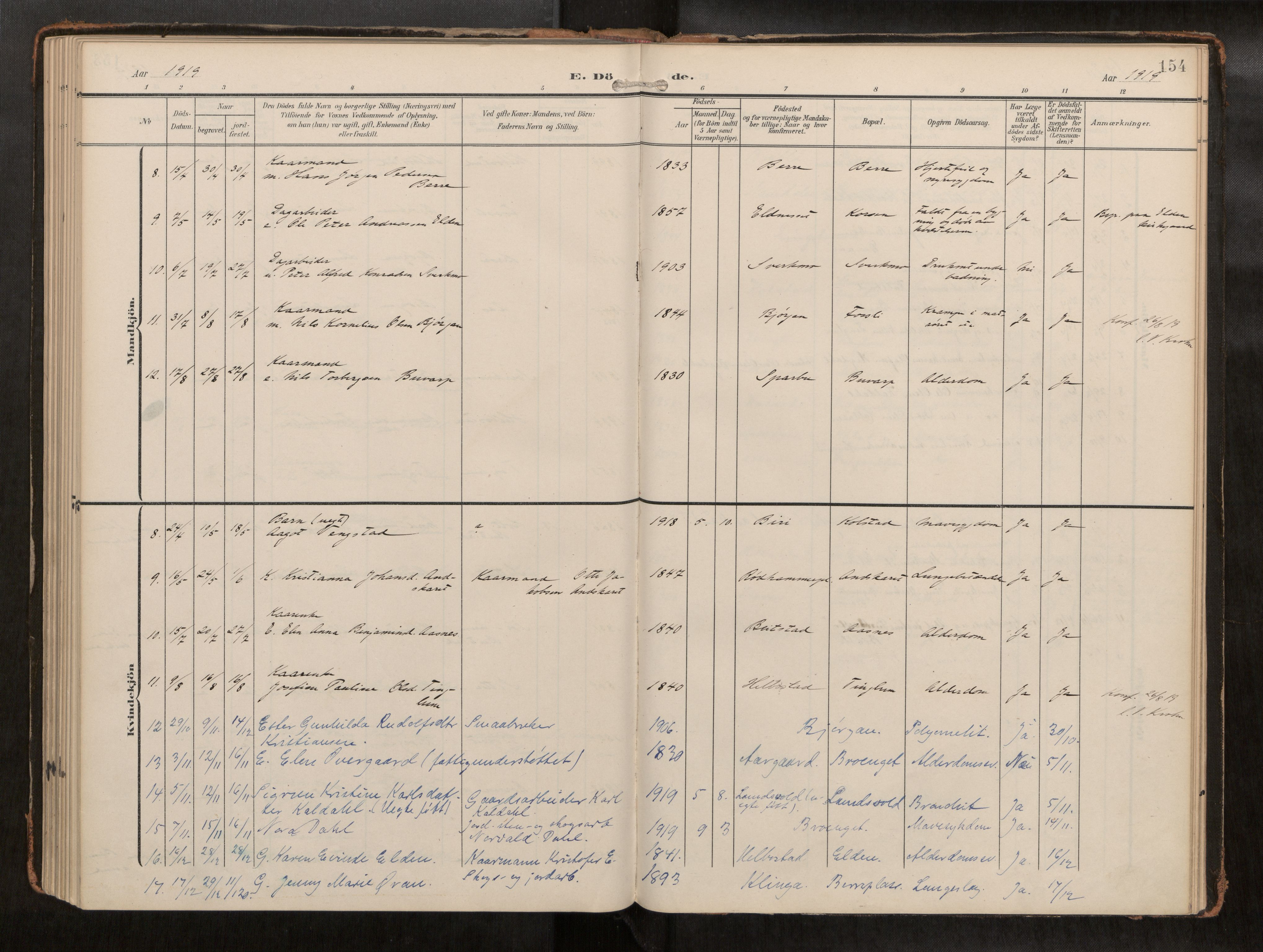 Ministerialprotokoller, klokkerbøker og fødselsregistre - Nord-Trøndelag, AV/SAT-A-1458/742/L0409a: Parish register (official) no. 742A03, 1906-1924, p. 154