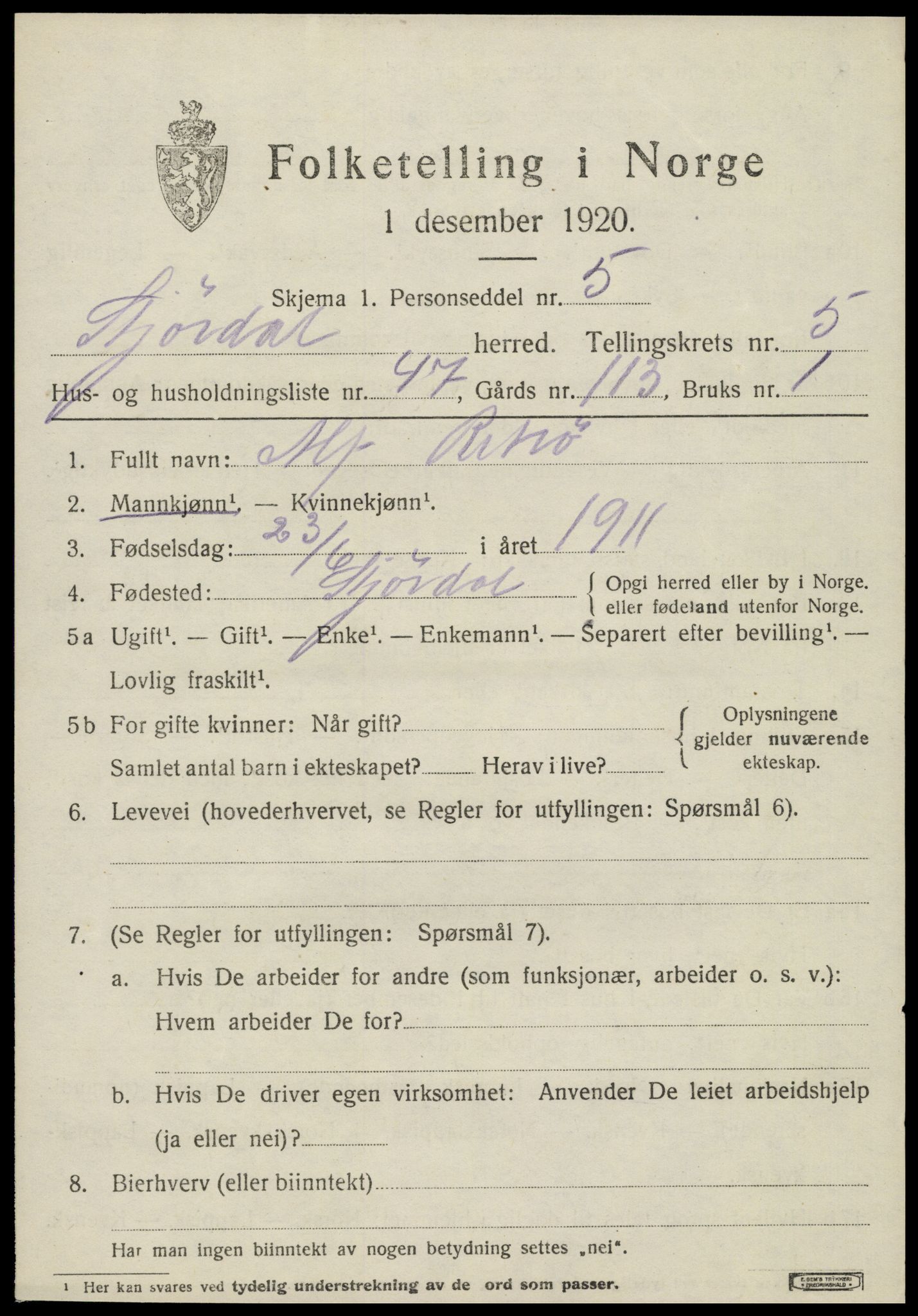 SAT, 1920 census for Stjørdal, 1920, p. 6630