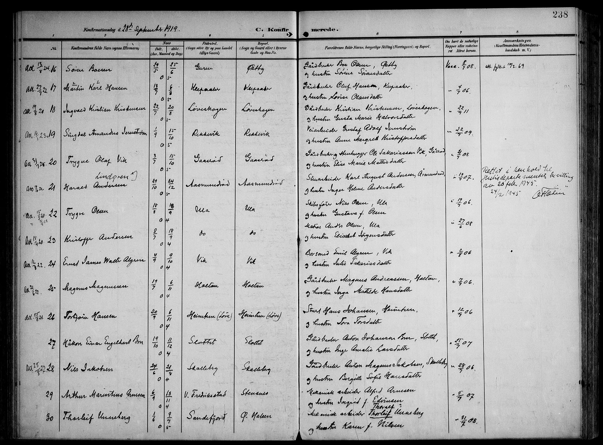 Tjølling kirkebøker, AV/SAKO-A-60/F/Fa/L0010: Parish register (official) no. 10, 1906-1923, p. 238