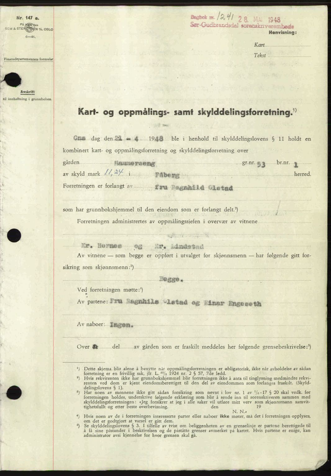 Sør-Gudbrandsdal tingrett, SAH/TING-004/H/Hb/Hbd/L0022: Mortgage book no. A22, 1948-1948, Diary no: : 1241/1948