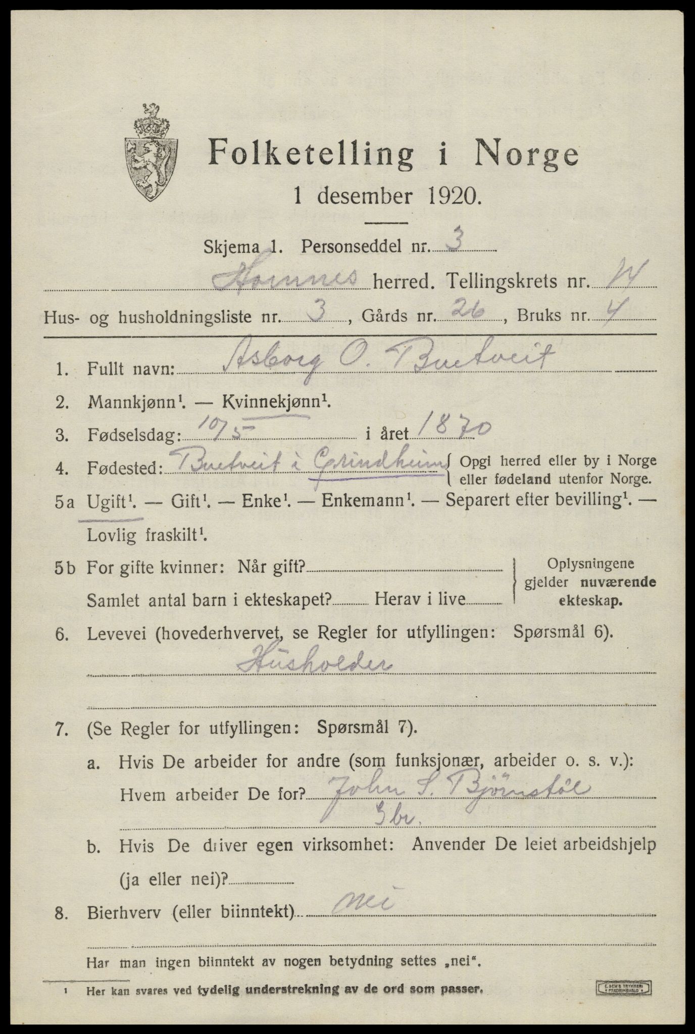 SAK, 1920 census for Hornnes, 1920, p. 3271