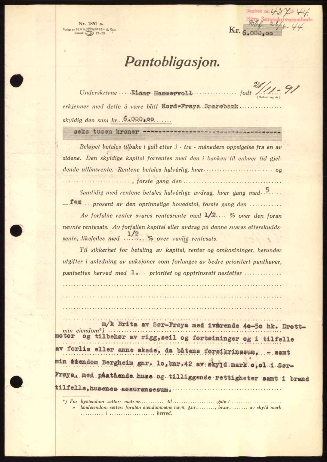 Hitra sorenskriveri, AV/SAT-A-0018/2/2C/2Ca: Mortgage book no. B1, 1939-1949, Diary no: : 437/1944