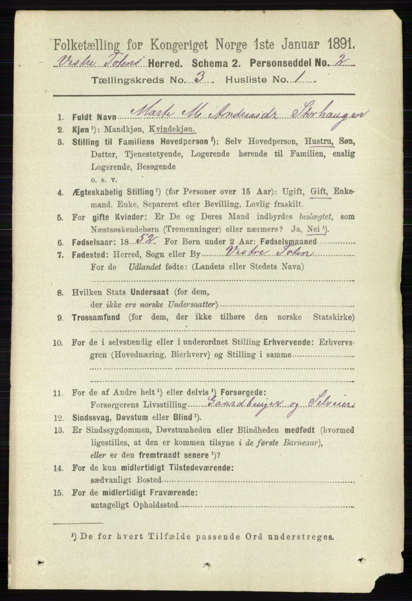 RA, 1891 census for 0529 Vestre Toten, 1891, p. 1994