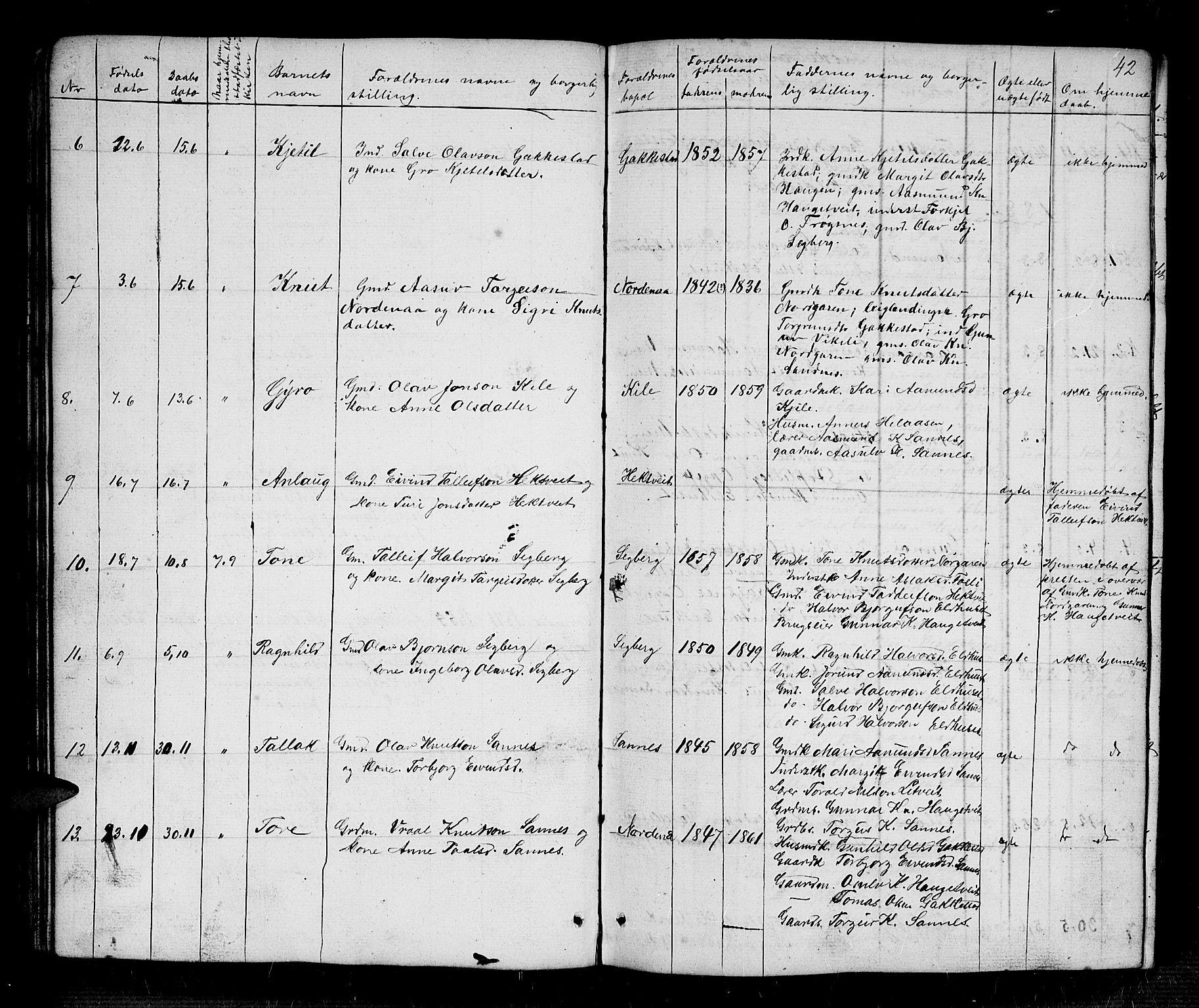 Bygland sokneprestkontor, AV/SAK-1111-0006/F/Fb/Fbc/L0001: Parish register (copy) no. B 1, 1848-1894, p. 42