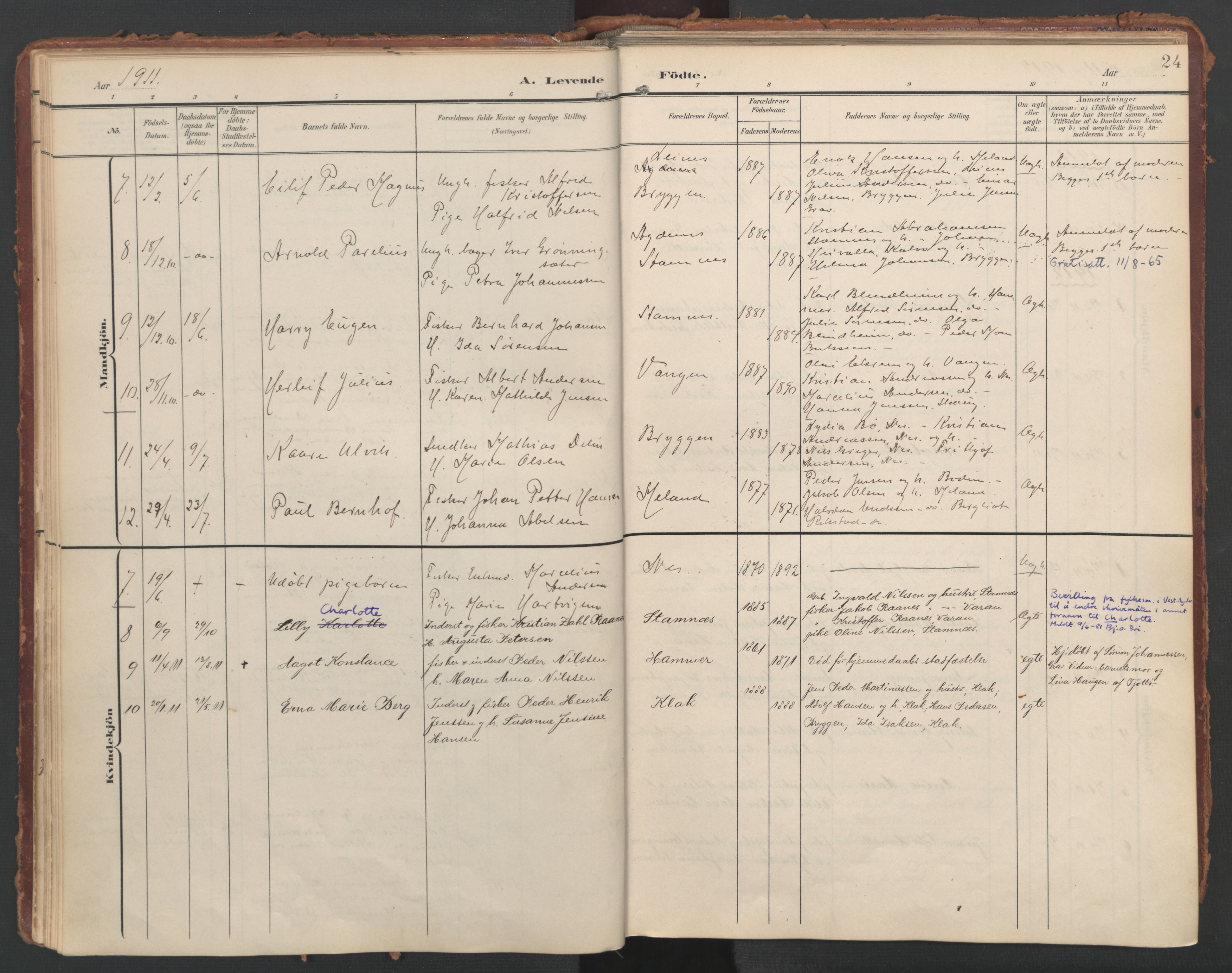 Ministerialprotokoller, klokkerbøker og fødselsregistre - Nordland, AV/SAT-A-1459/808/L0129: Parish register (official) no. 808A02, 1903-1931, p. 24