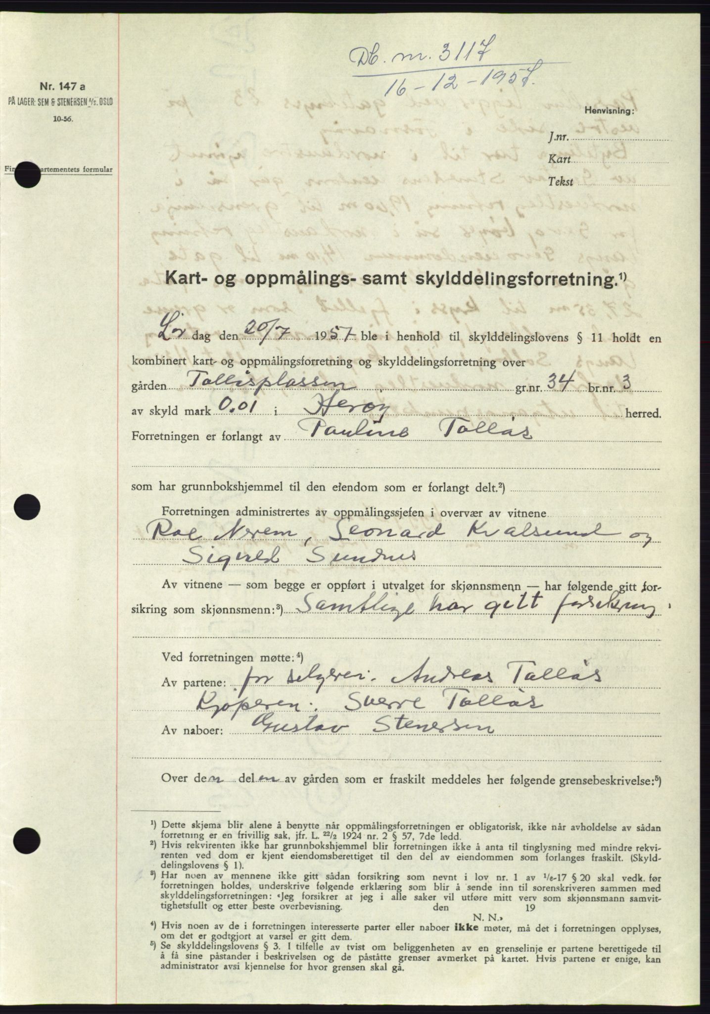 Søre Sunnmøre sorenskriveri, AV/SAT-A-4122/1/2/2C/L0108: Mortgage book no. 34A, 1957-1958, Diary no: : 3117/1957