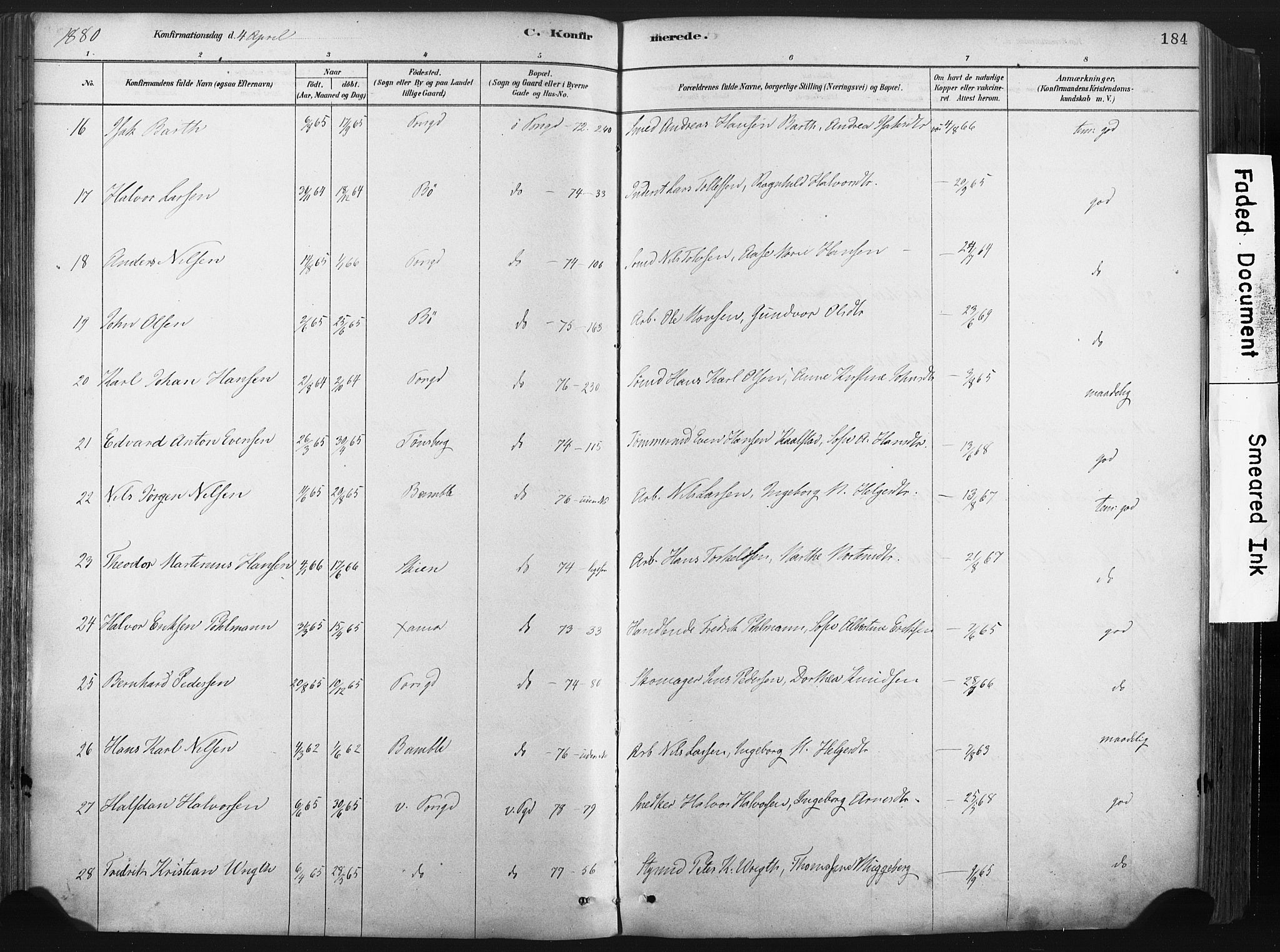 Porsgrunn kirkebøker , SAKO/A-104/F/Fa/L0008: Parish register (official) no. 8, 1878-1895, p. 184
