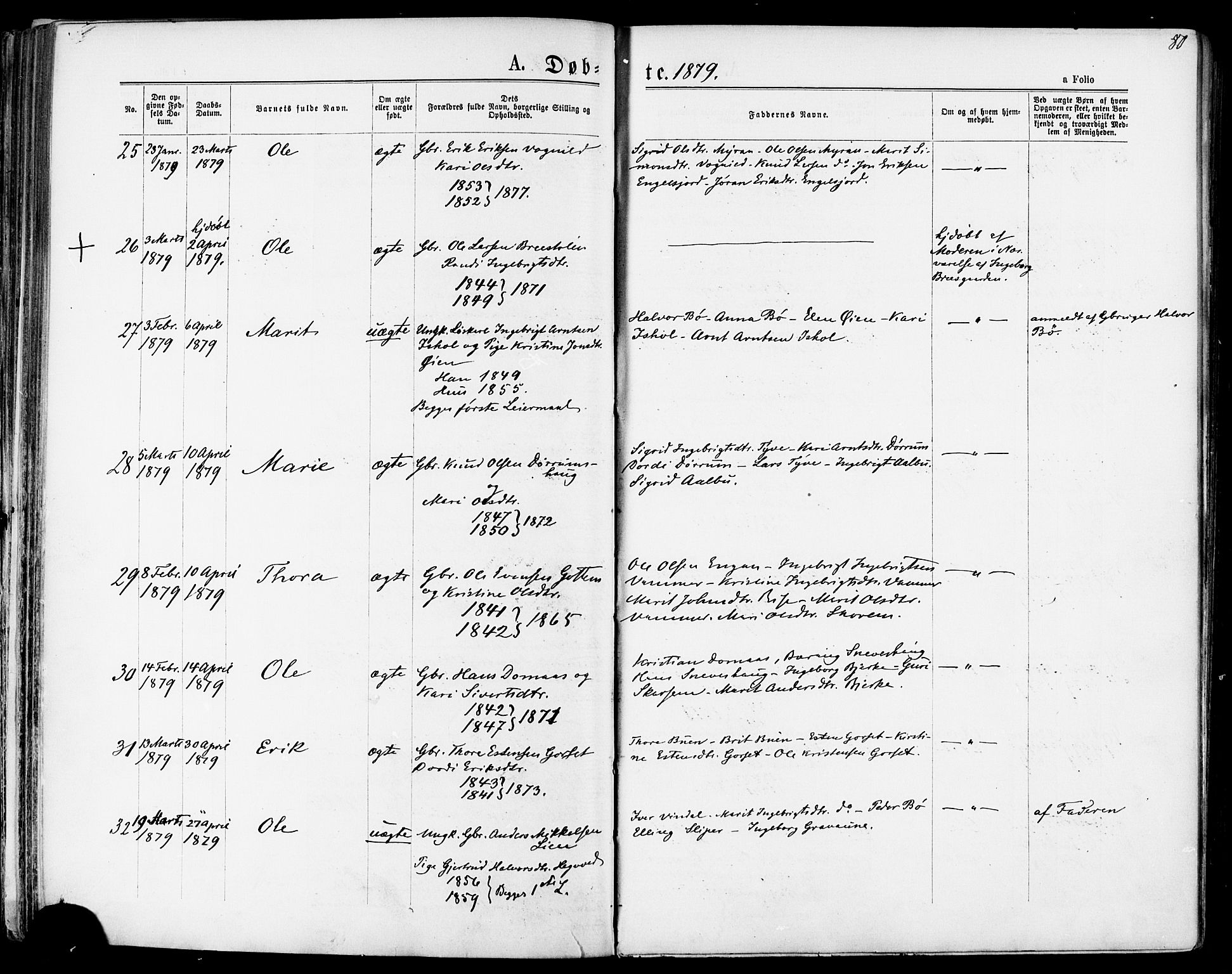 Ministerialprotokoller, klokkerbøker og fødselsregistre - Sør-Trøndelag, AV/SAT-A-1456/678/L0900: Parish register (official) no. 678A09, 1872-1881, p. 80