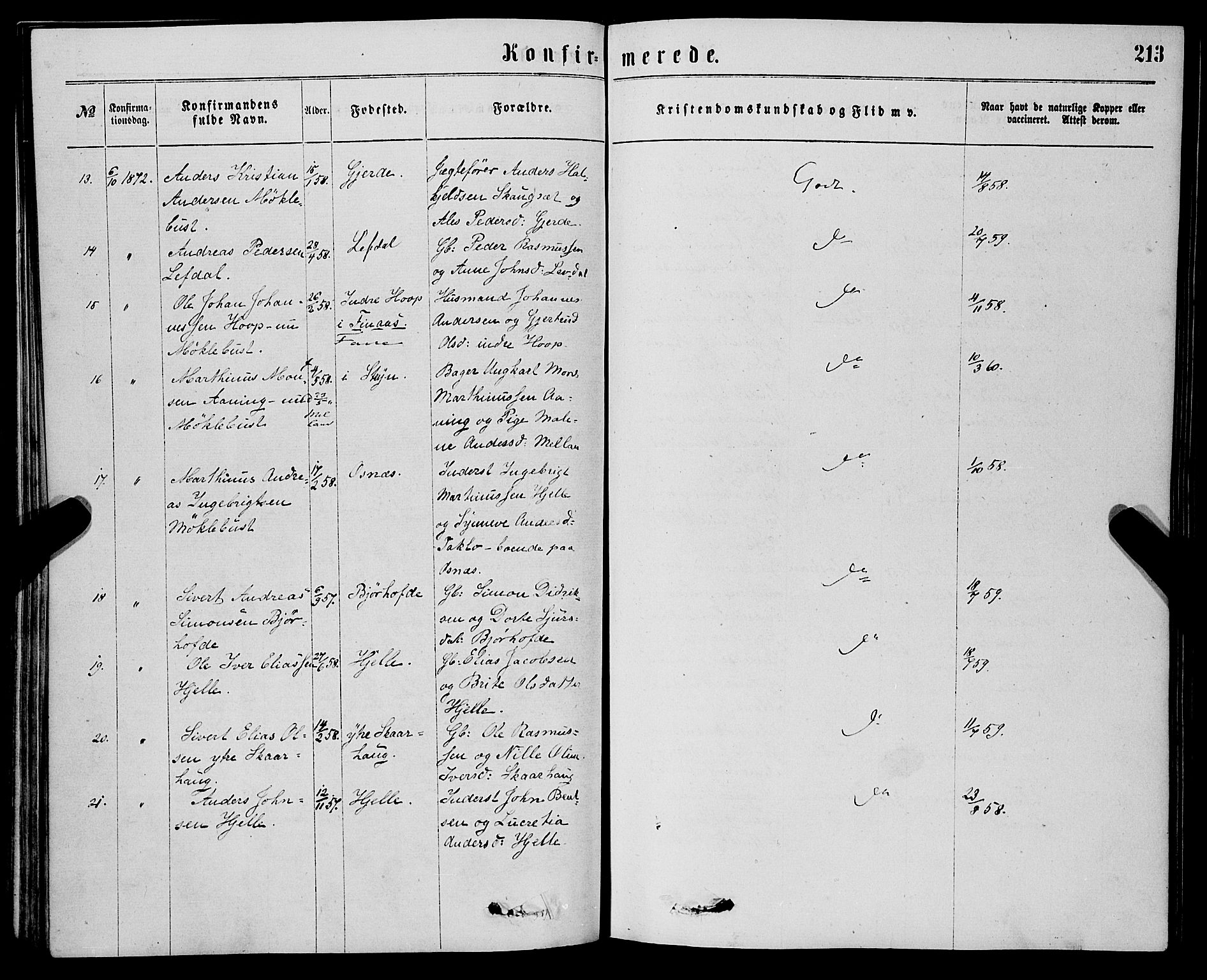 Eid sokneprestembete, SAB/A-82301/H/Haa/Haaa/L0010: Parish register (official) no. A 10, 1867-1878, p. 213