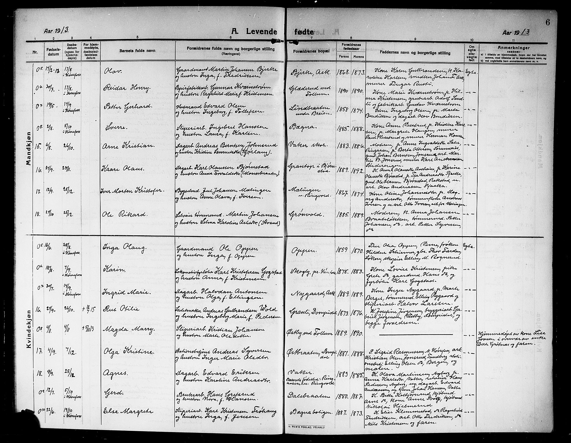 Norderhov kirkebøker, AV/SAKO-A-237/G/Ga/L0009: Parish register (copy) no. I 9, 1913-1920, p. 6