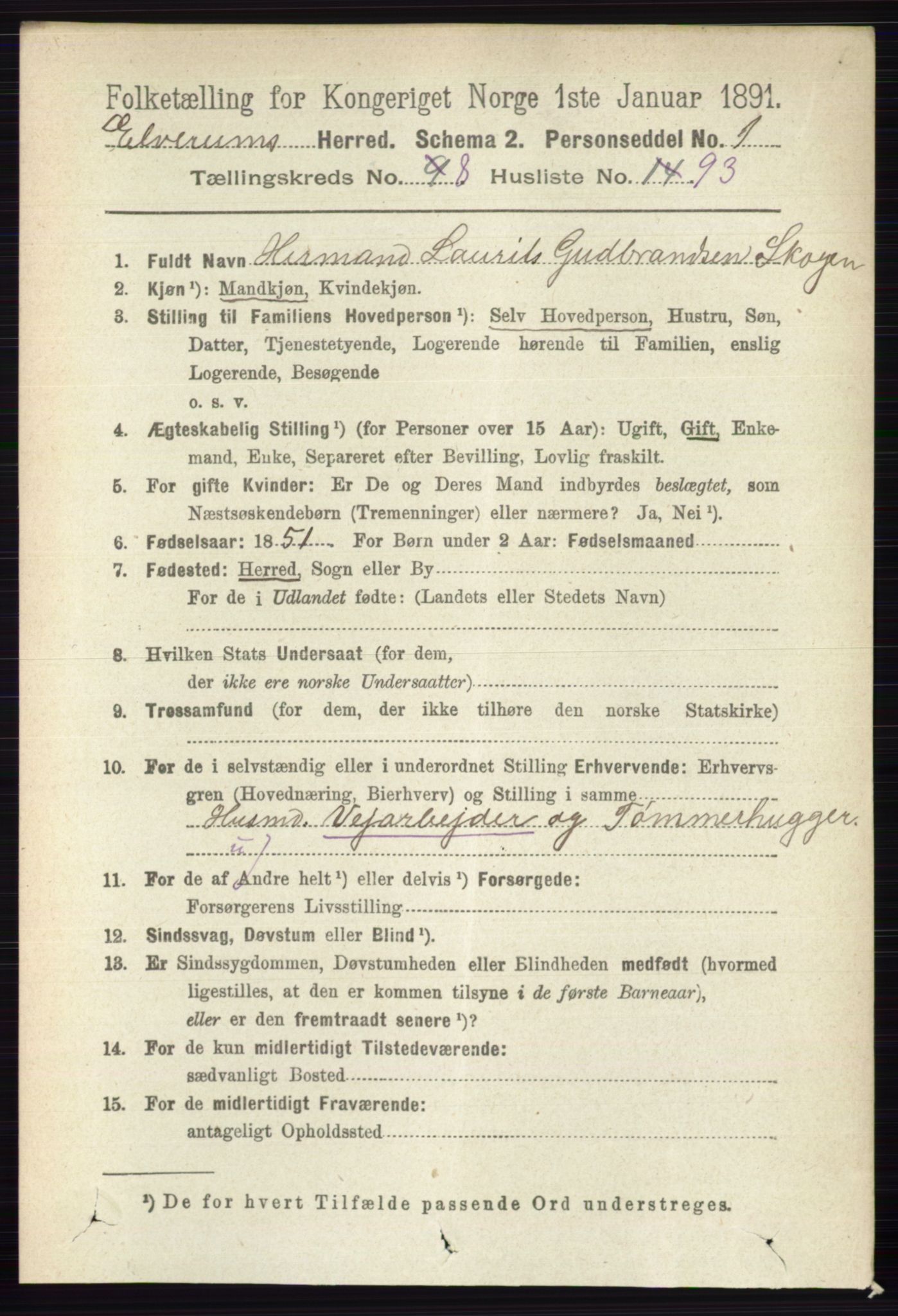 RA, 1891 census for 0427 Elverum, 1891, p. 7597