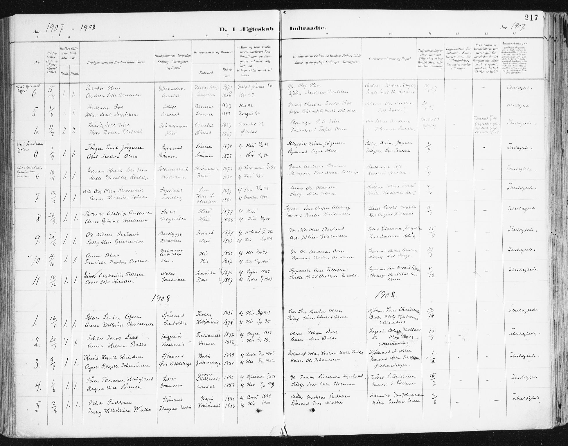 Hisøy sokneprestkontor, AV/SAK-1111-0020/F/Fa/L0004: Parish register (official) no. A 4, 1895-1917, p. 217