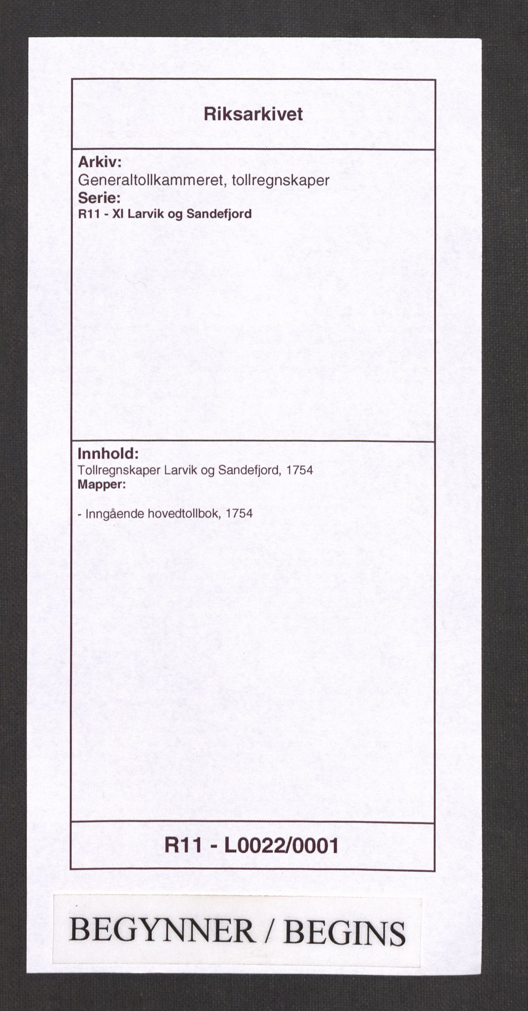 Generaltollkammeret, tollregnskaper, RA/EA-5490/R11/L0022/0001: Tollregnskaper Larvik og Sandefjord / Inngående hovedtollbok, 1754