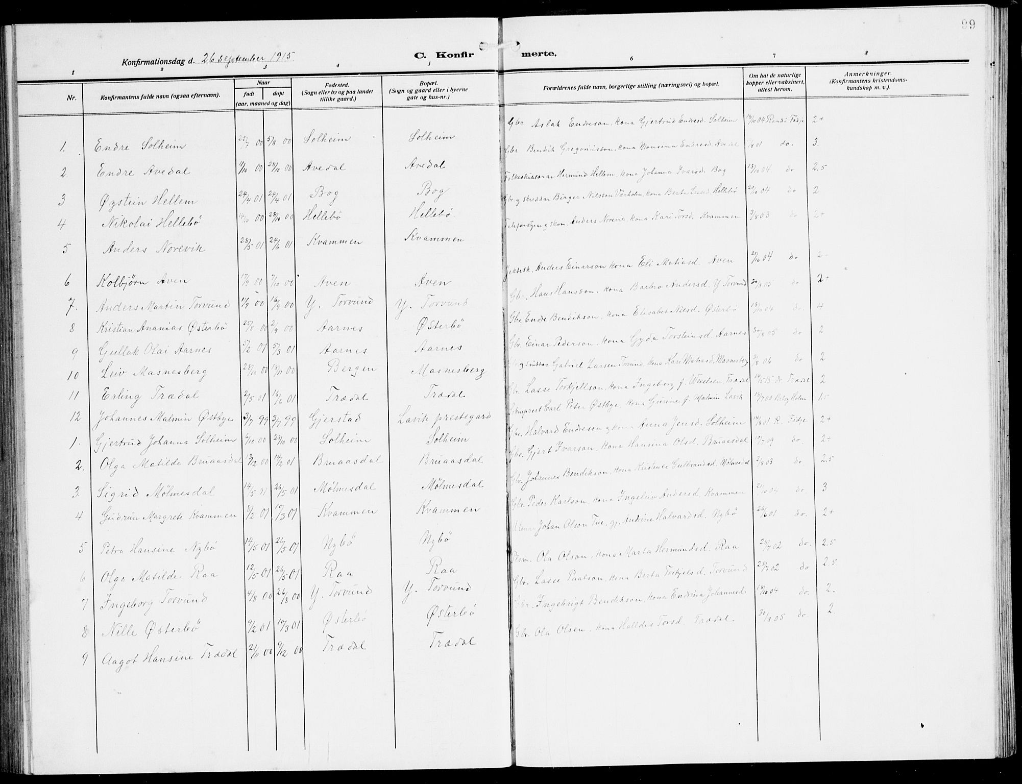 Lavik sokneprestembete, AV/SAB-A-80901: Parish register (copy) no. A 3, 1911-1942, p. 99