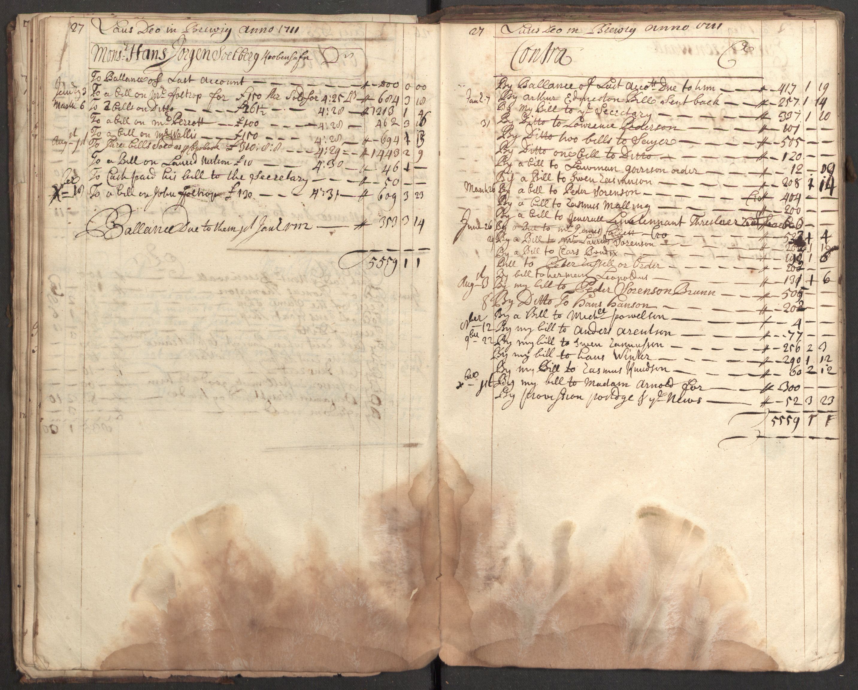 Bowman, James, RA/PA-0067/F/L0002/0001: Kontobok og skiftepapirer / James Bowmans kontobok, 1708-1728, p. 29